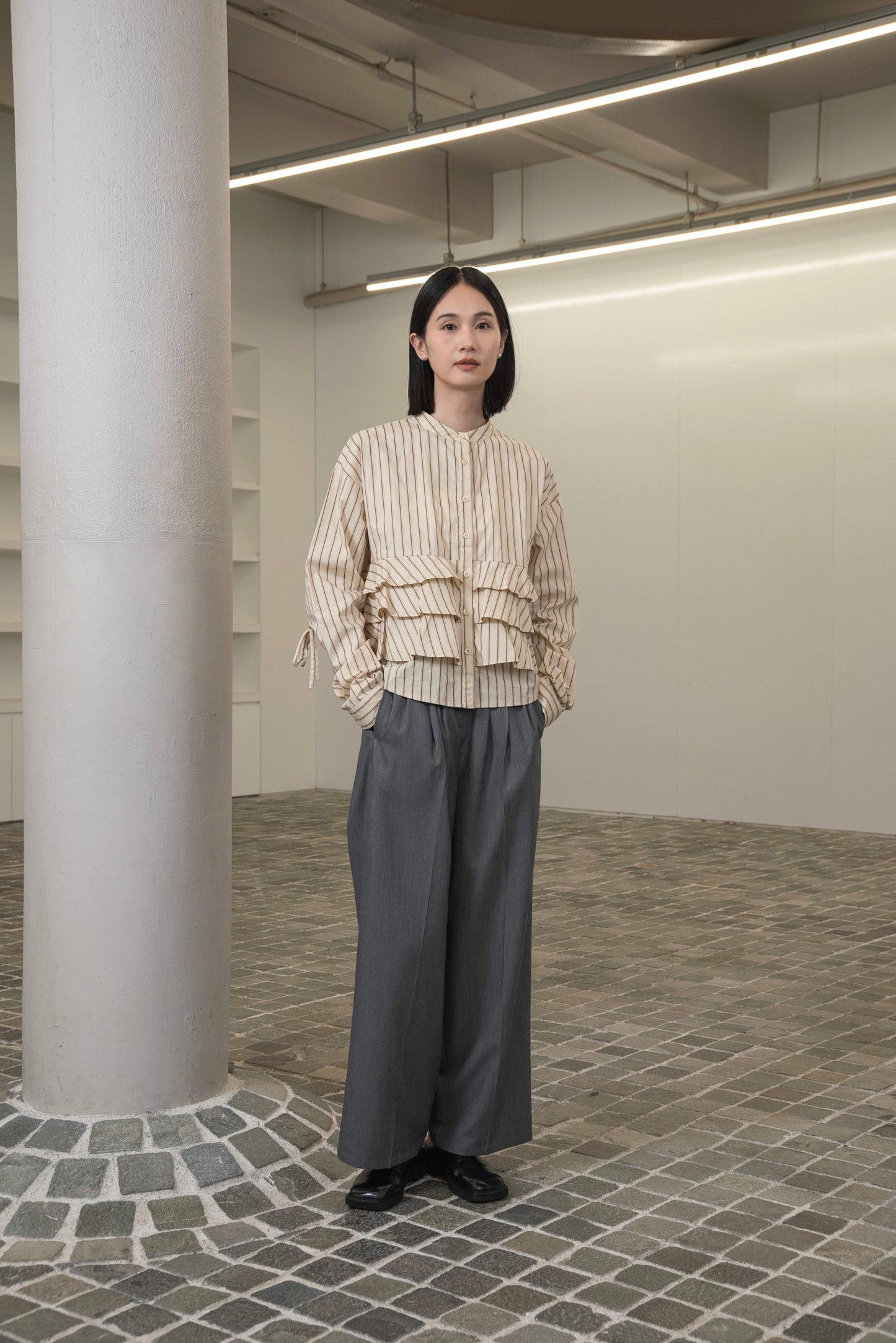 waist frill ribbon stripe shirt