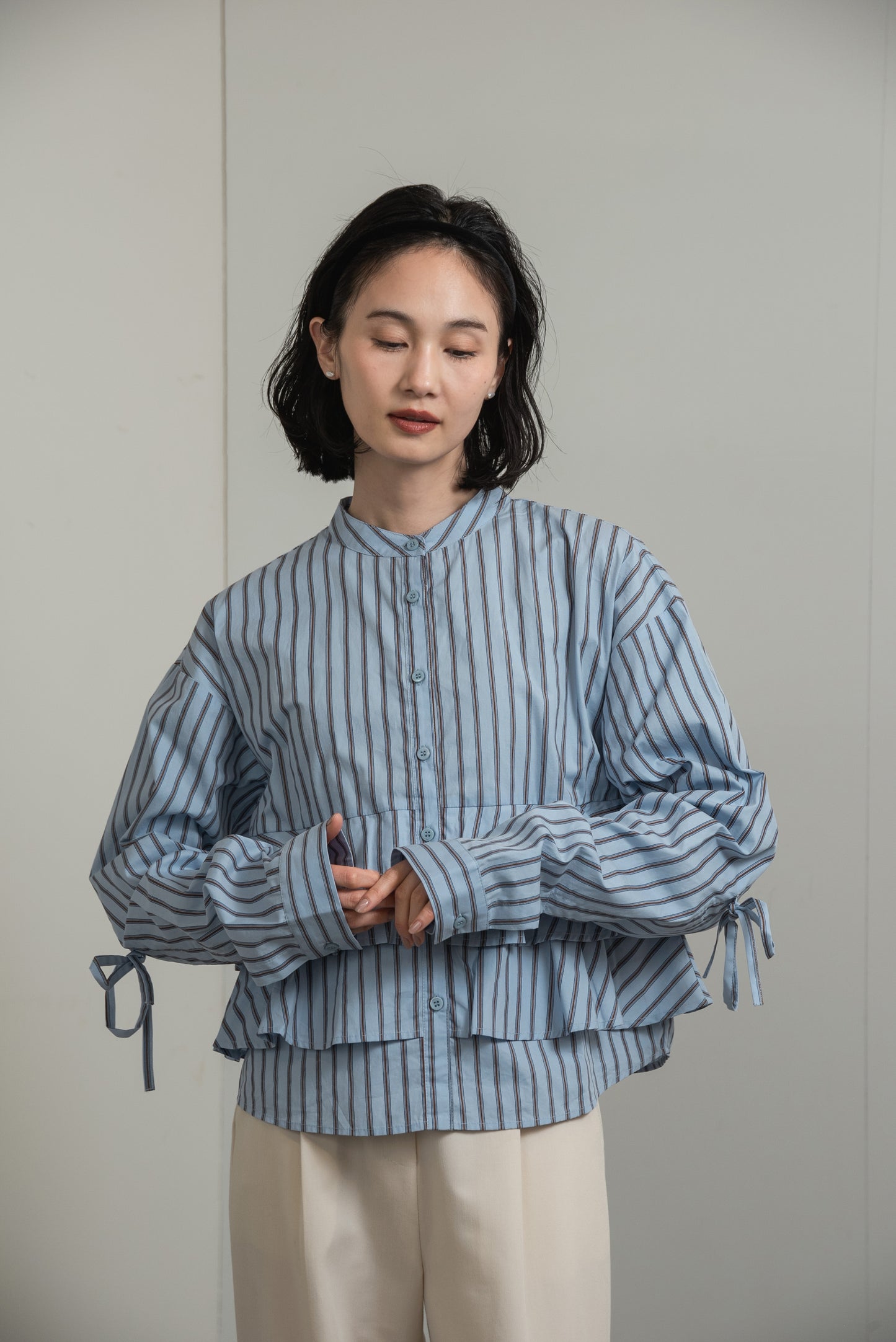 waist frill ribbon stripe shirt