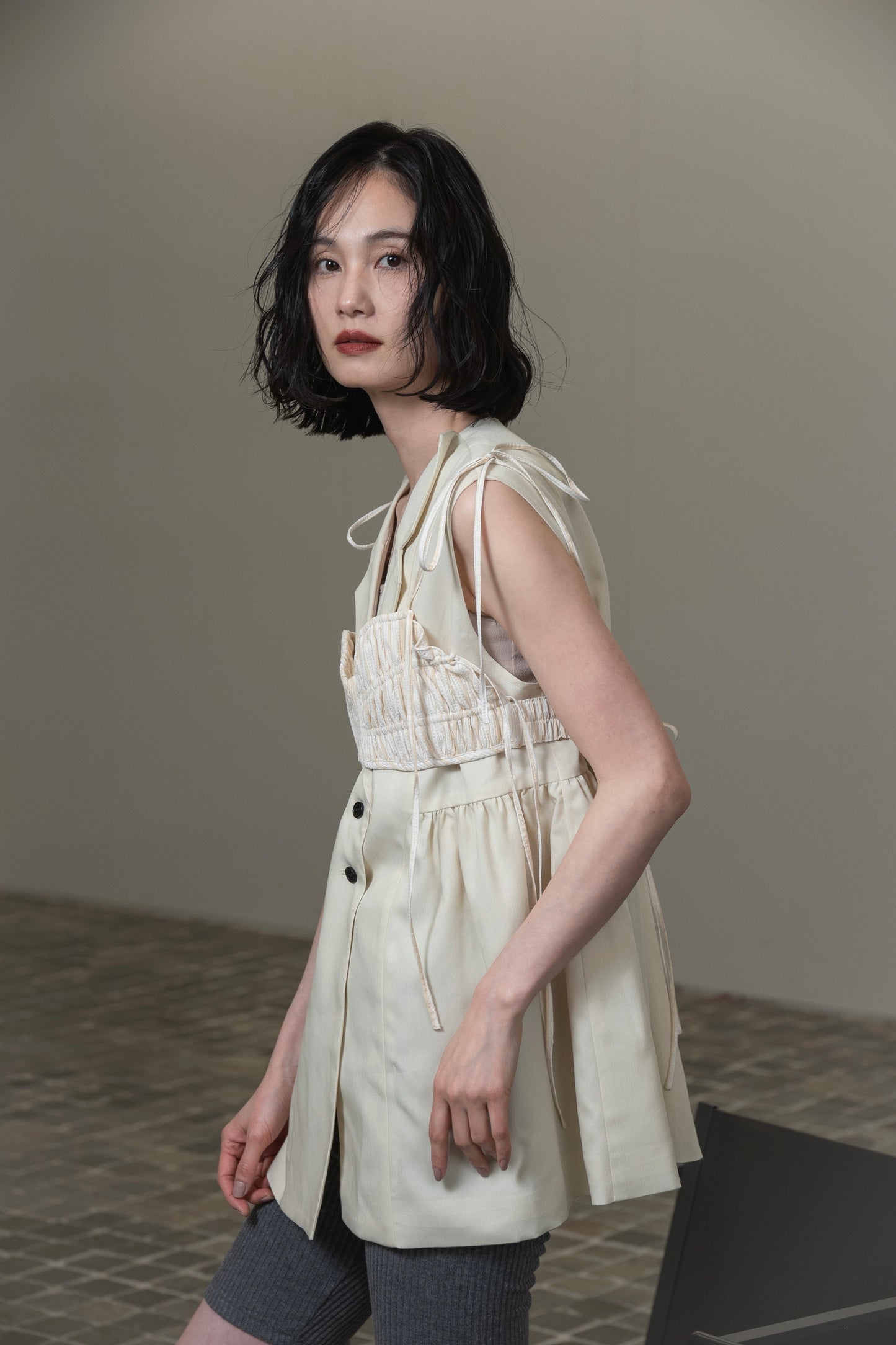 string ribbon gather stripe bustier