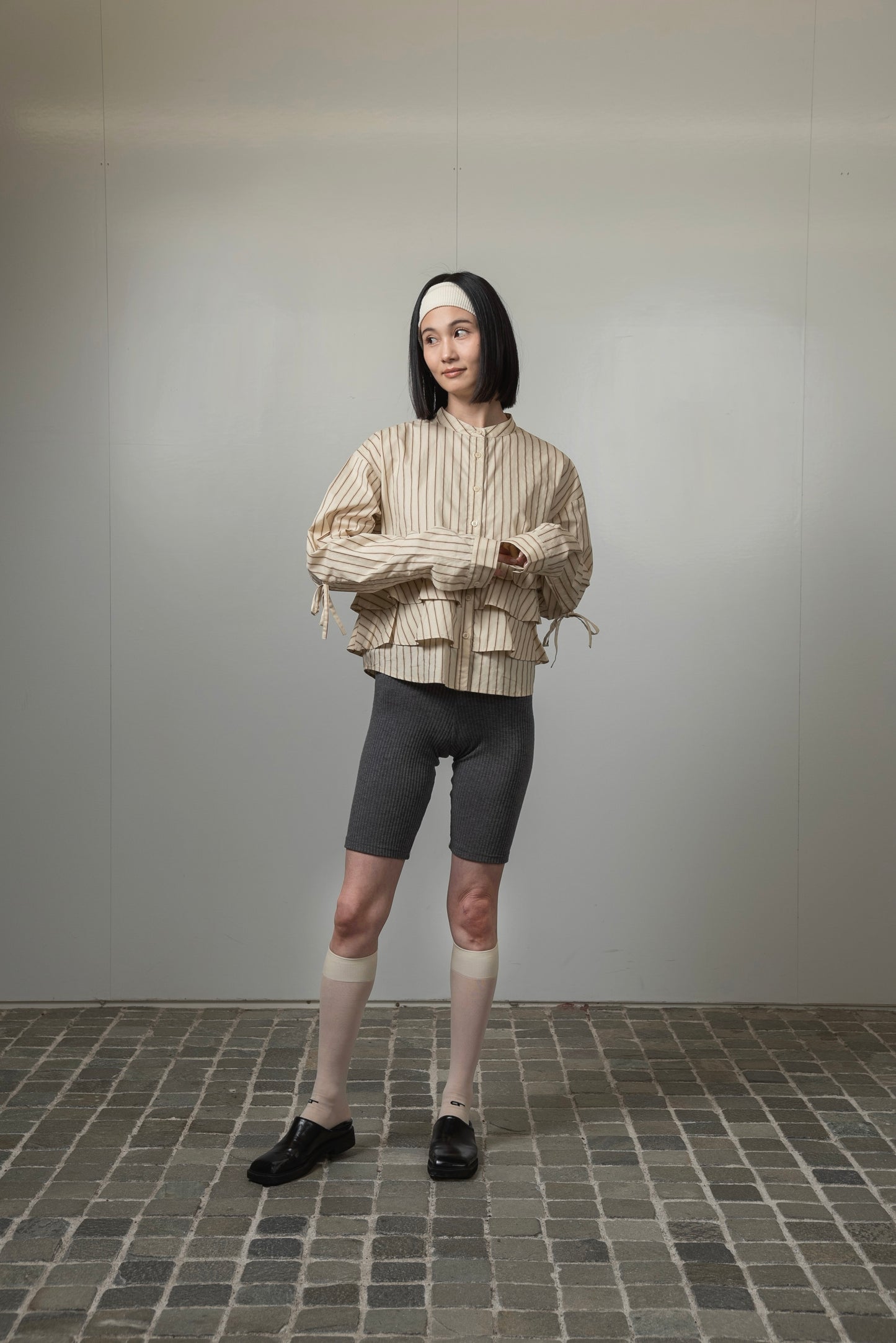 waist frill ribbon stripe shirt