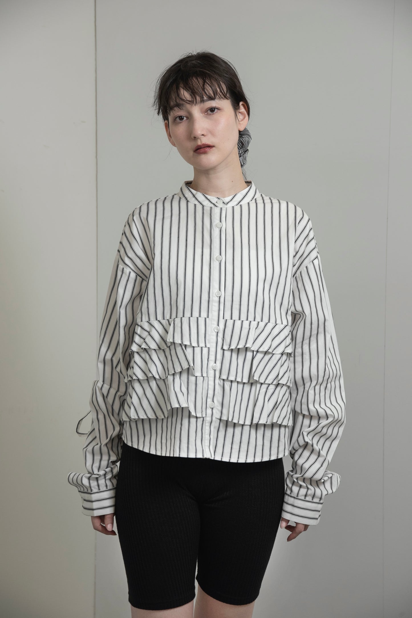 waist frill ribbon stripe shirt