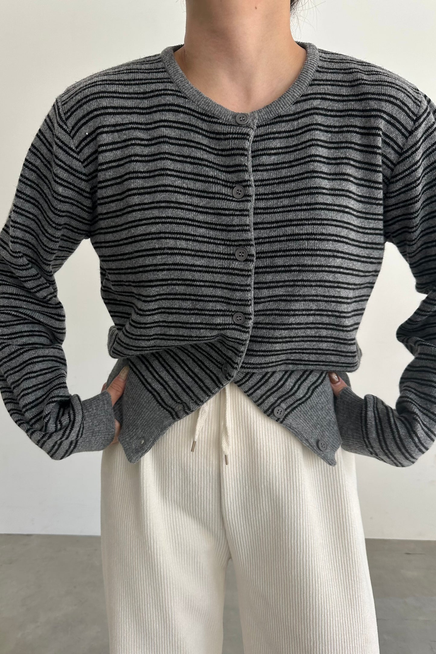 horizontal stripe crew neck cardigan