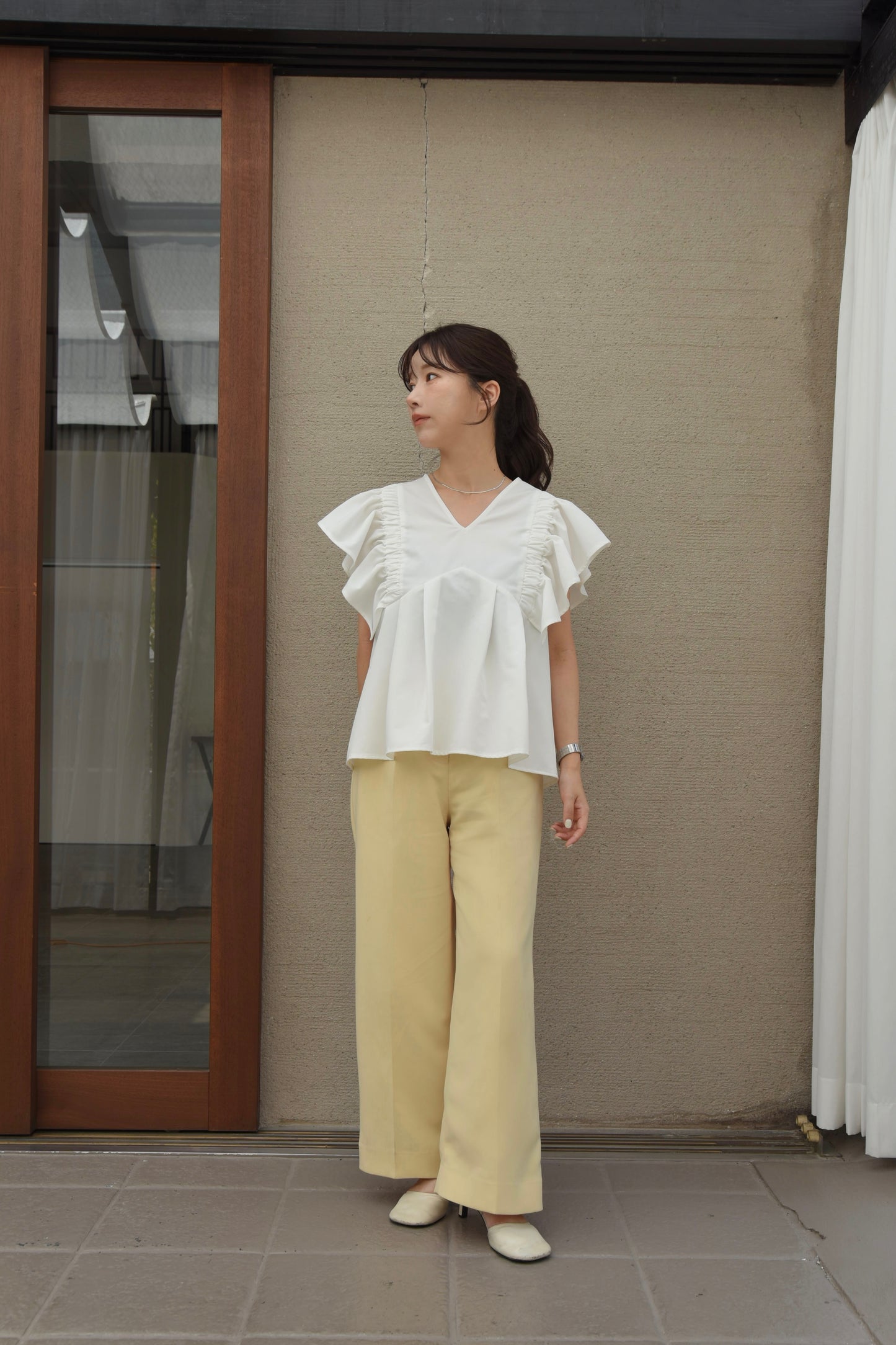 v neck shoulder frill blouse
