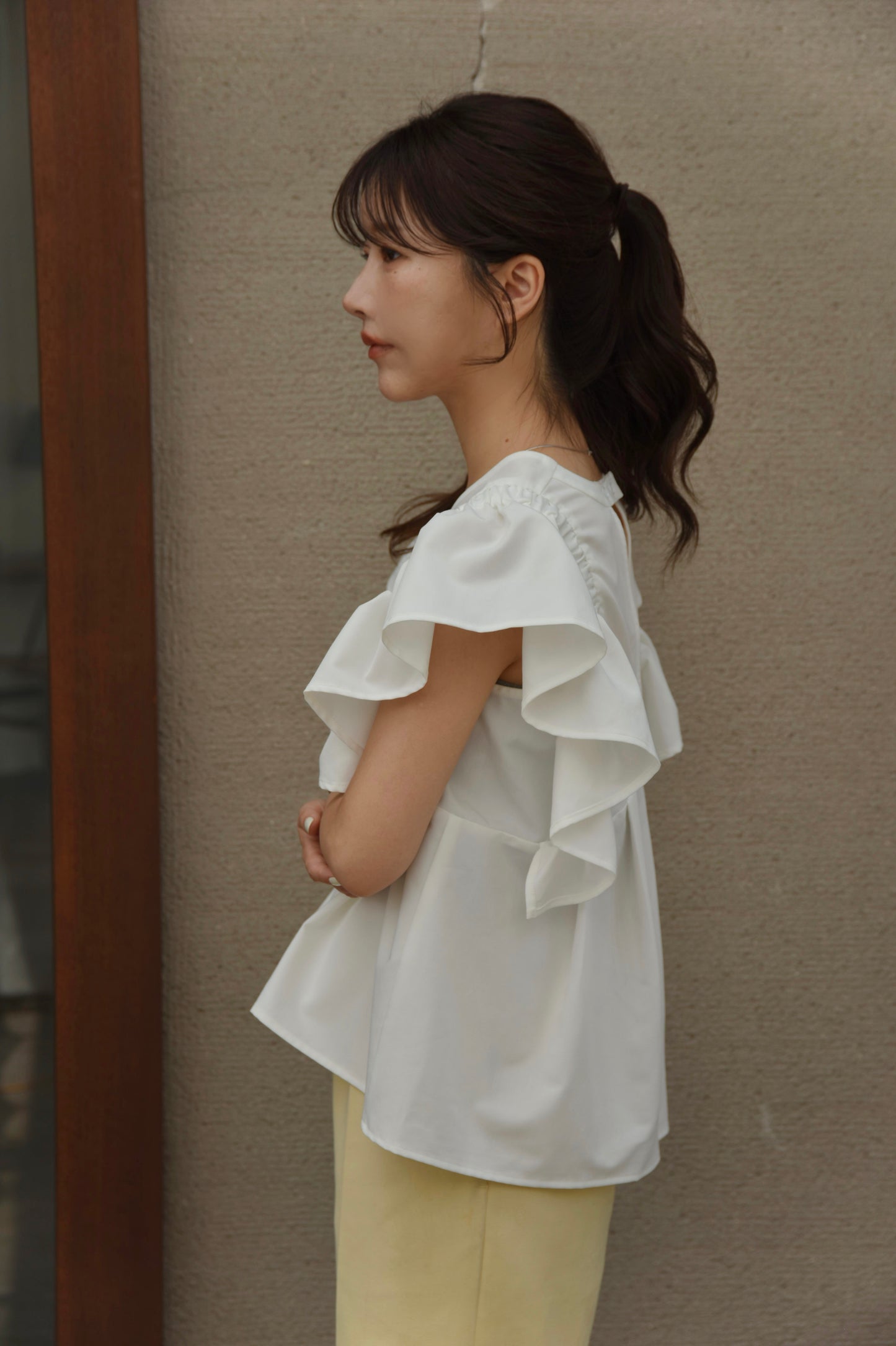 v neck shoulder frill blouse