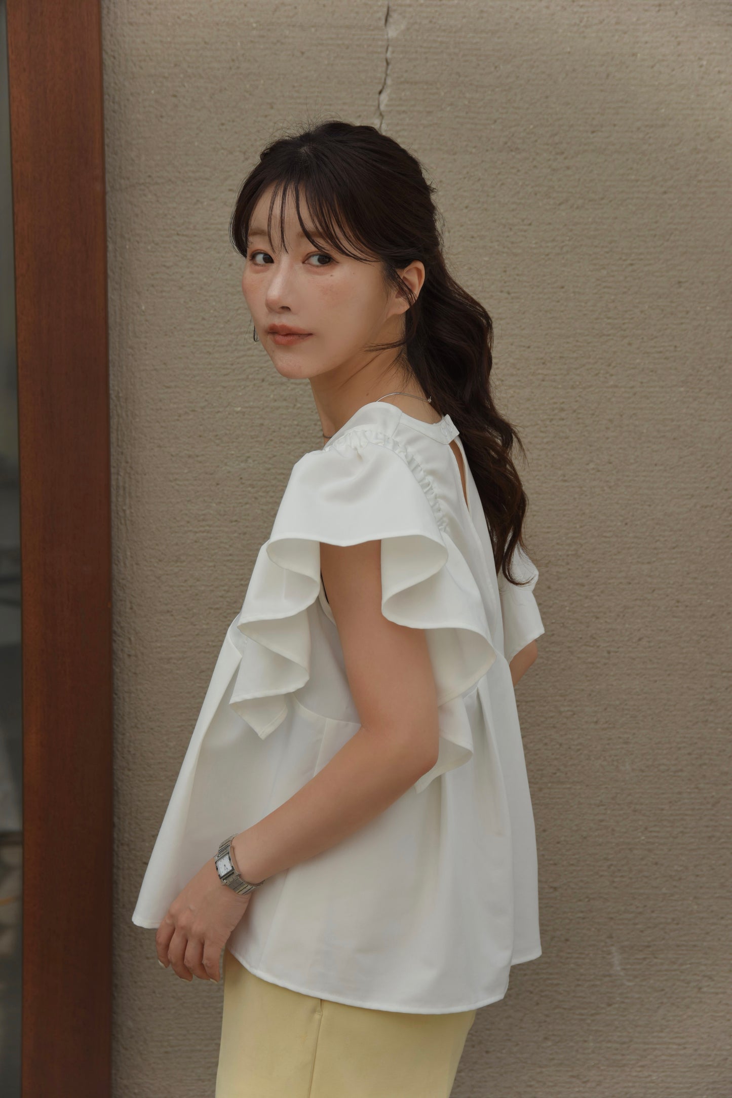 v neck shoulder frill blouse