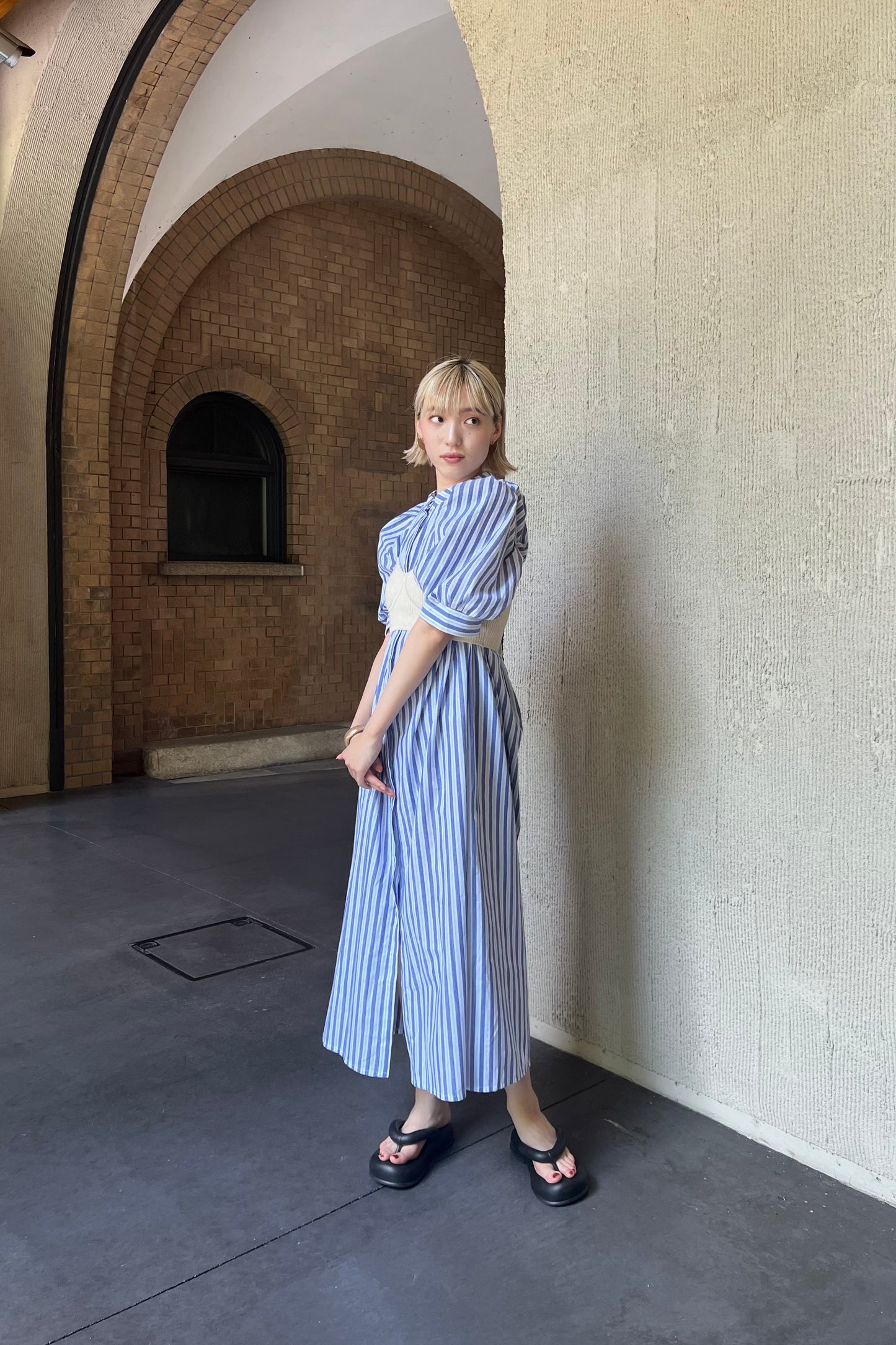 stripe shoulder tuck shirt ops