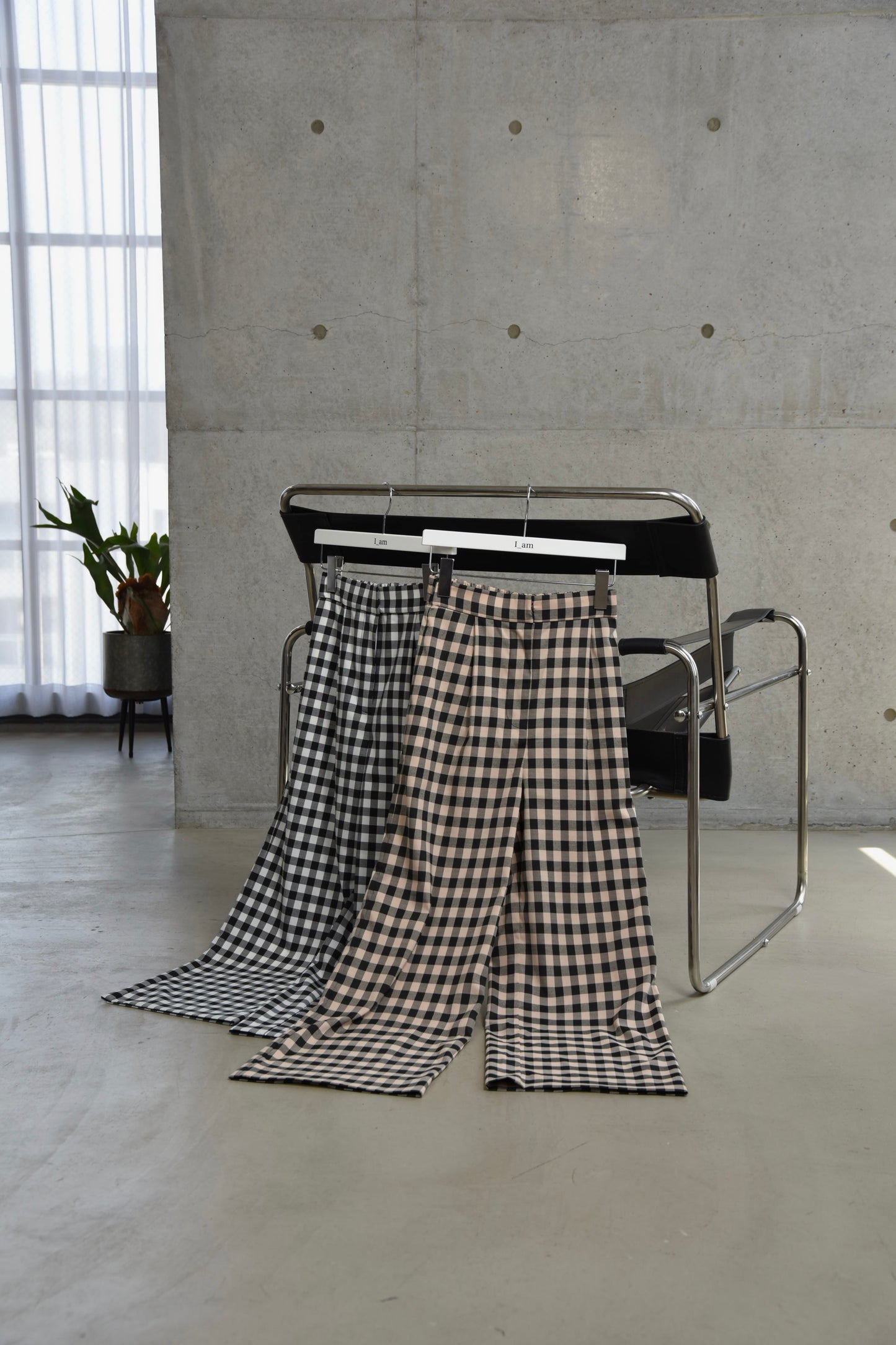 gingham check straight tuck pants