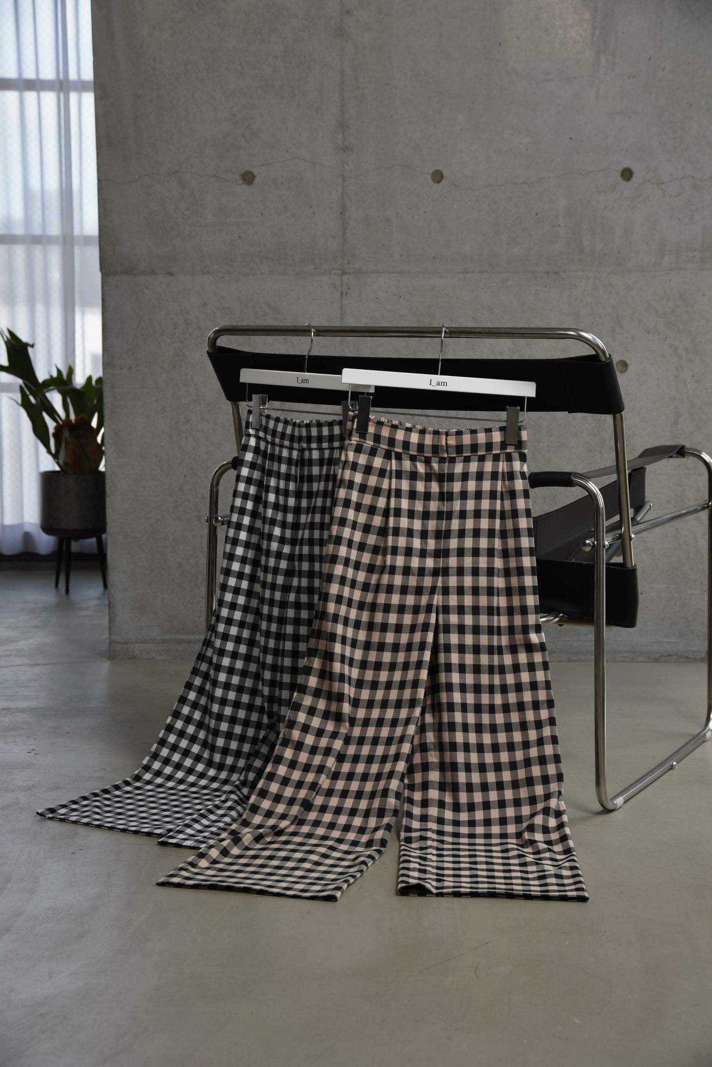gingham check straight tuck pants
