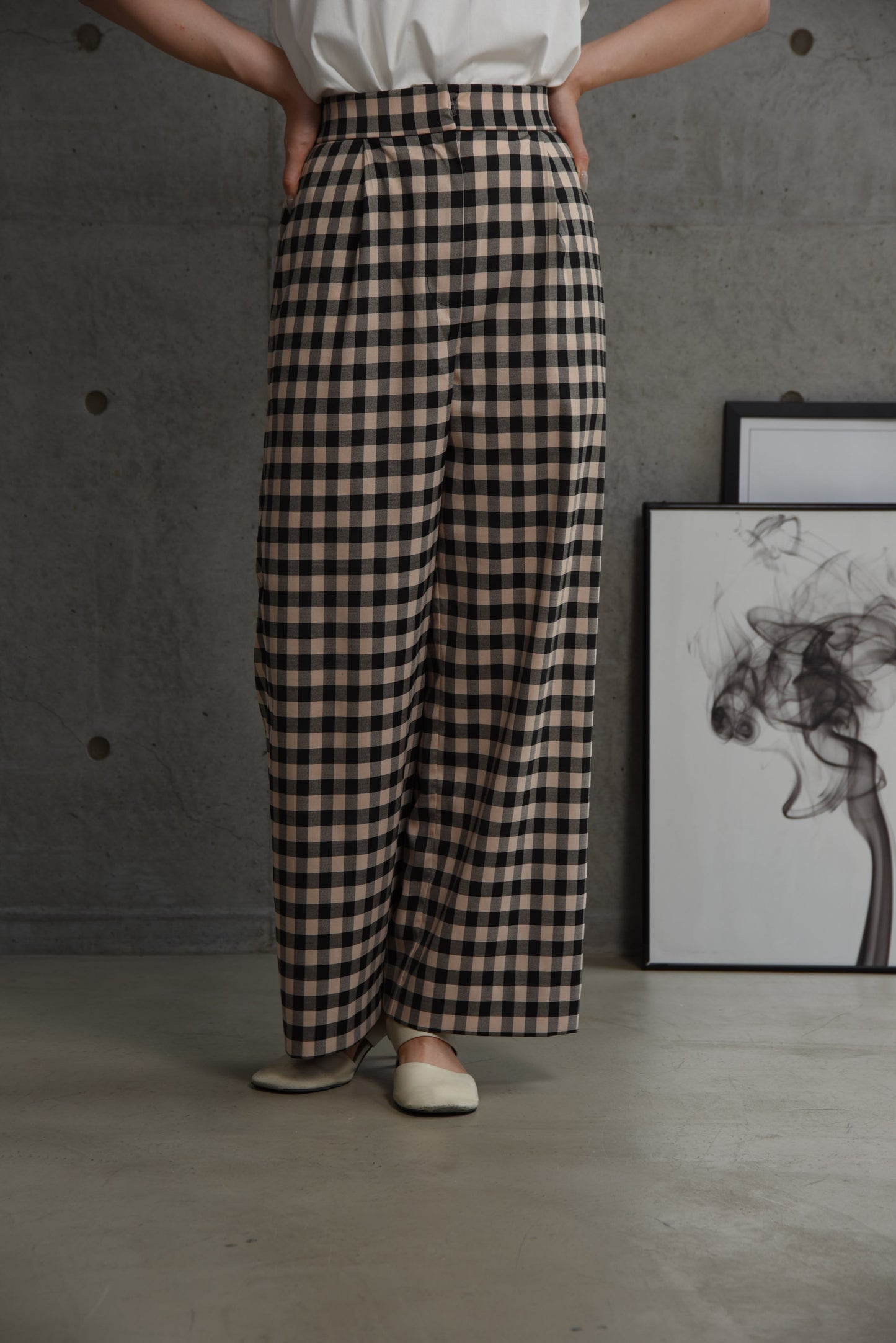 gingham check straight tuck pants