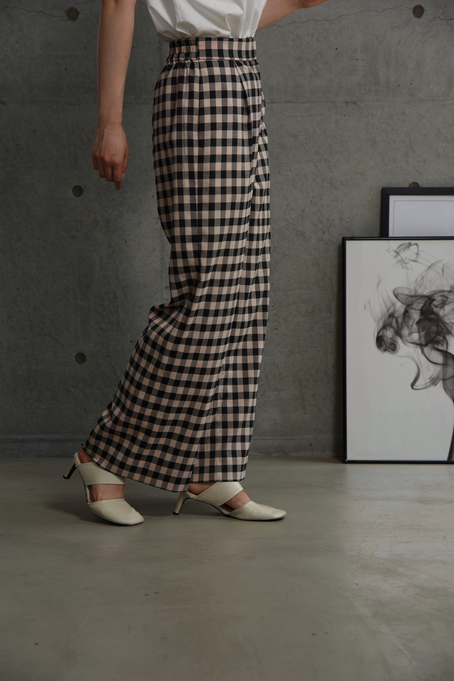 gingham check straight tuck pants