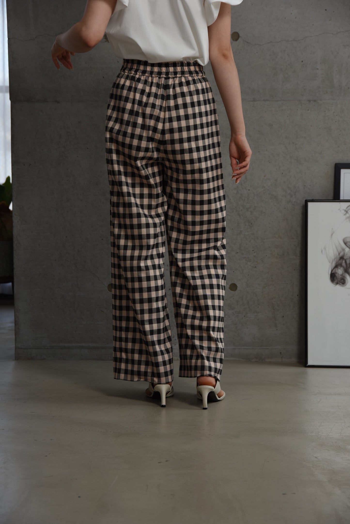 gingham check straight tuck pants