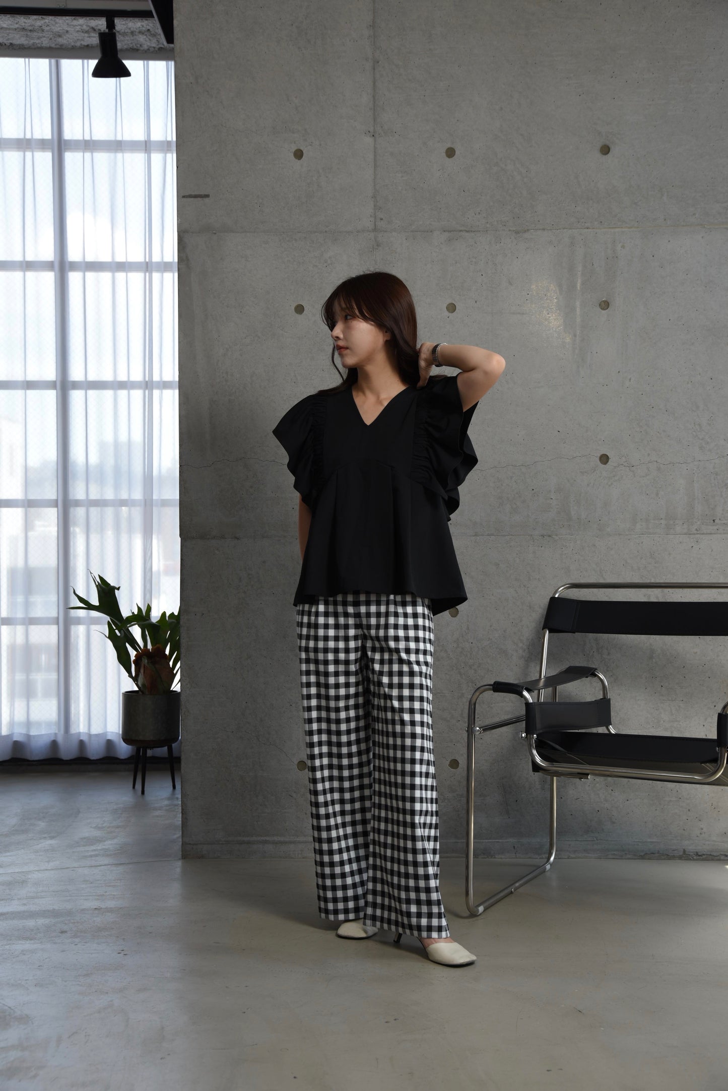 gingham check straight tuck pants