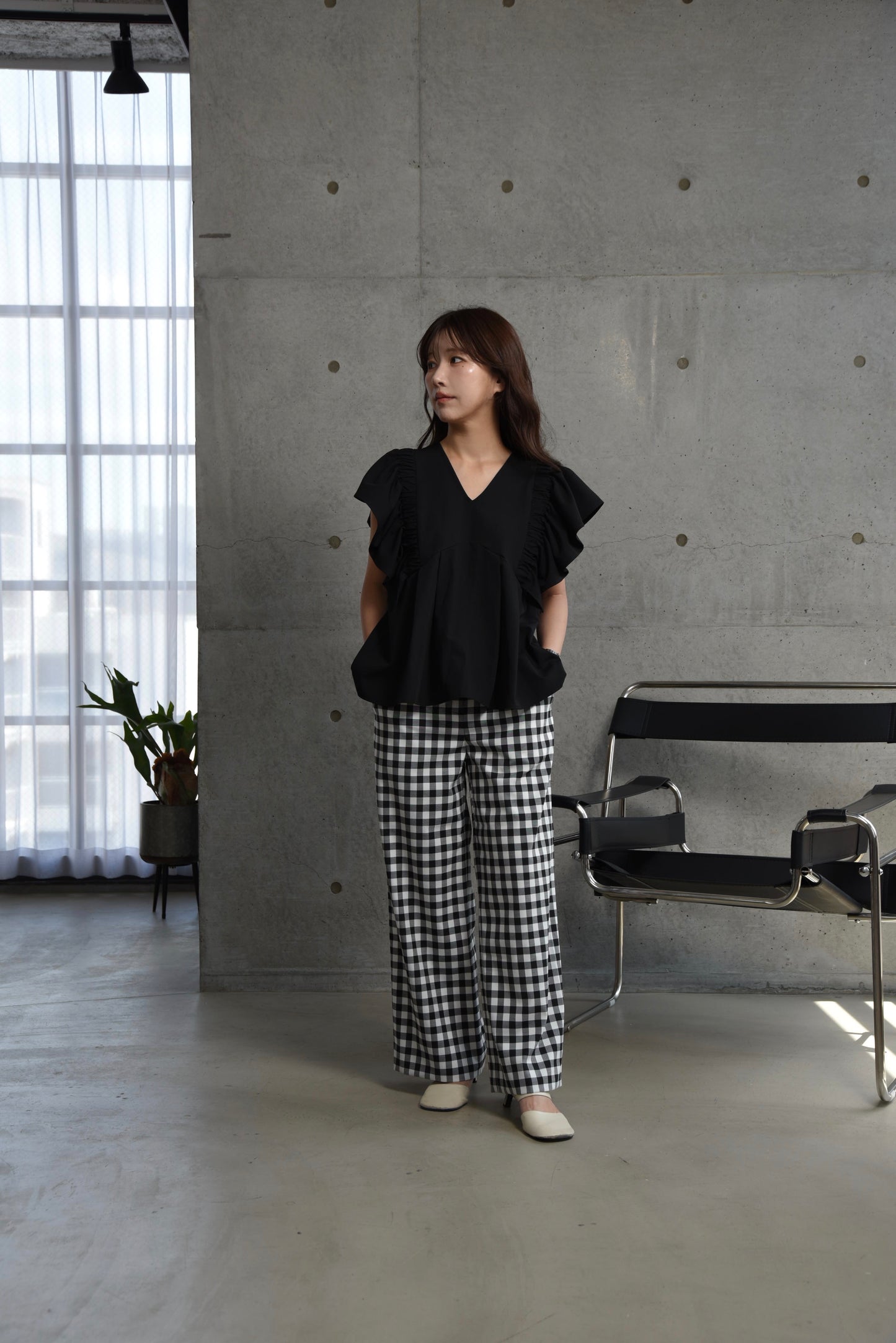 gingham check straight tuck pants