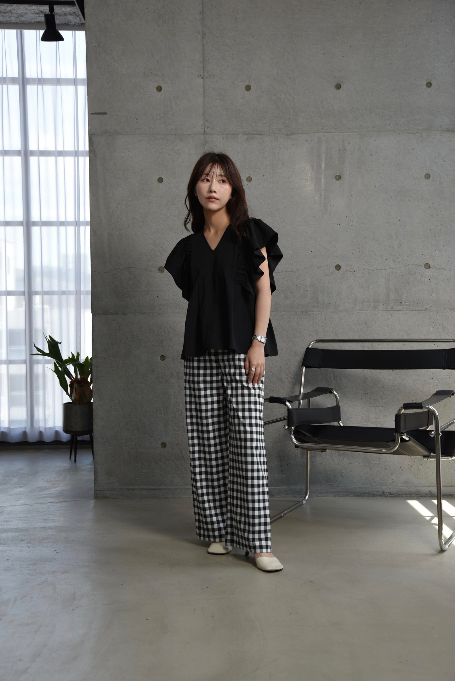 gingham check straight tuck pants
