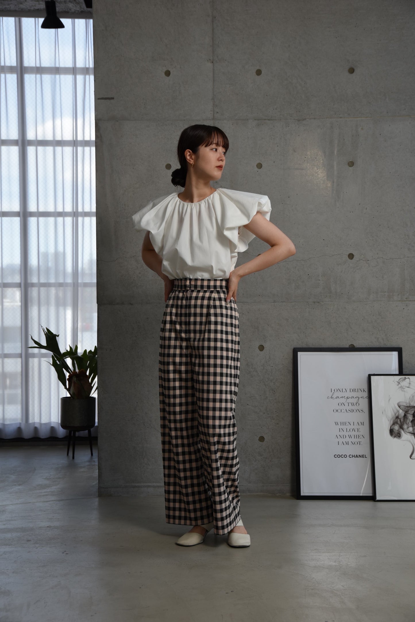 gingham check straight tuck pants
