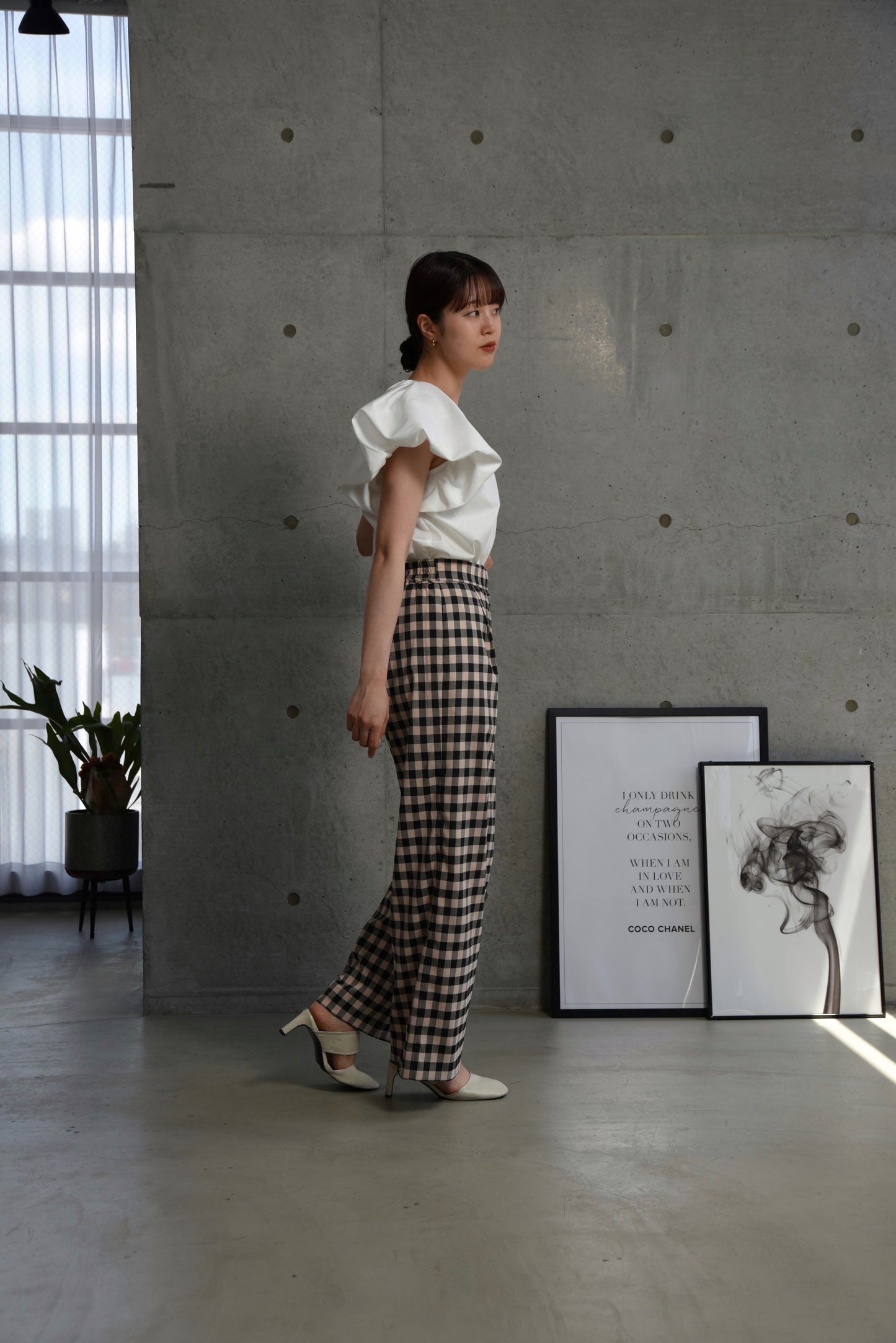 gingham check straight tuck pants
