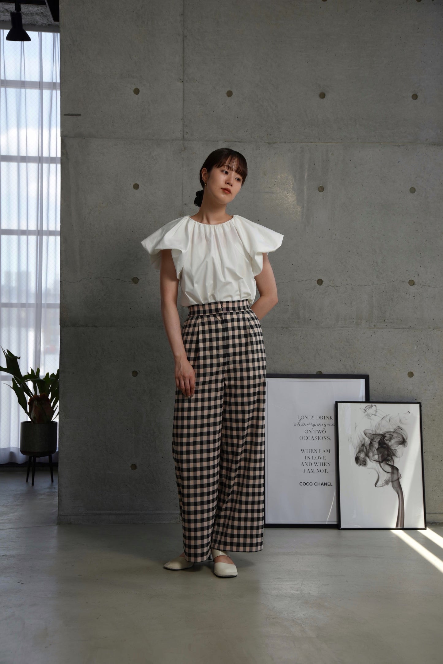 gingham check straight tuck pants