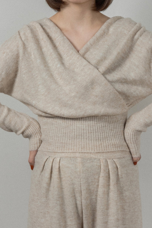 draped wrap neck pants knit setup