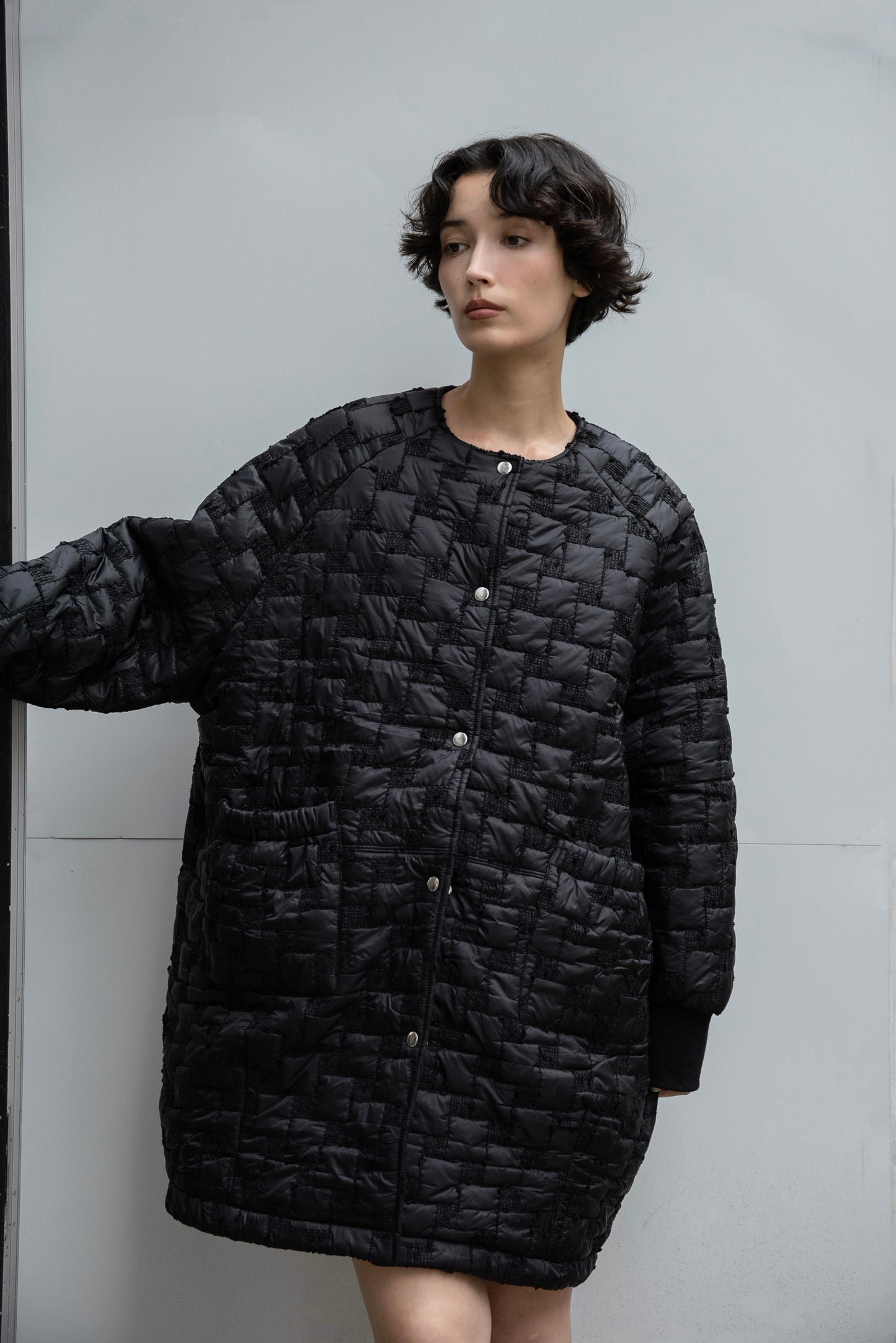 collarless square embroidery quilting coat