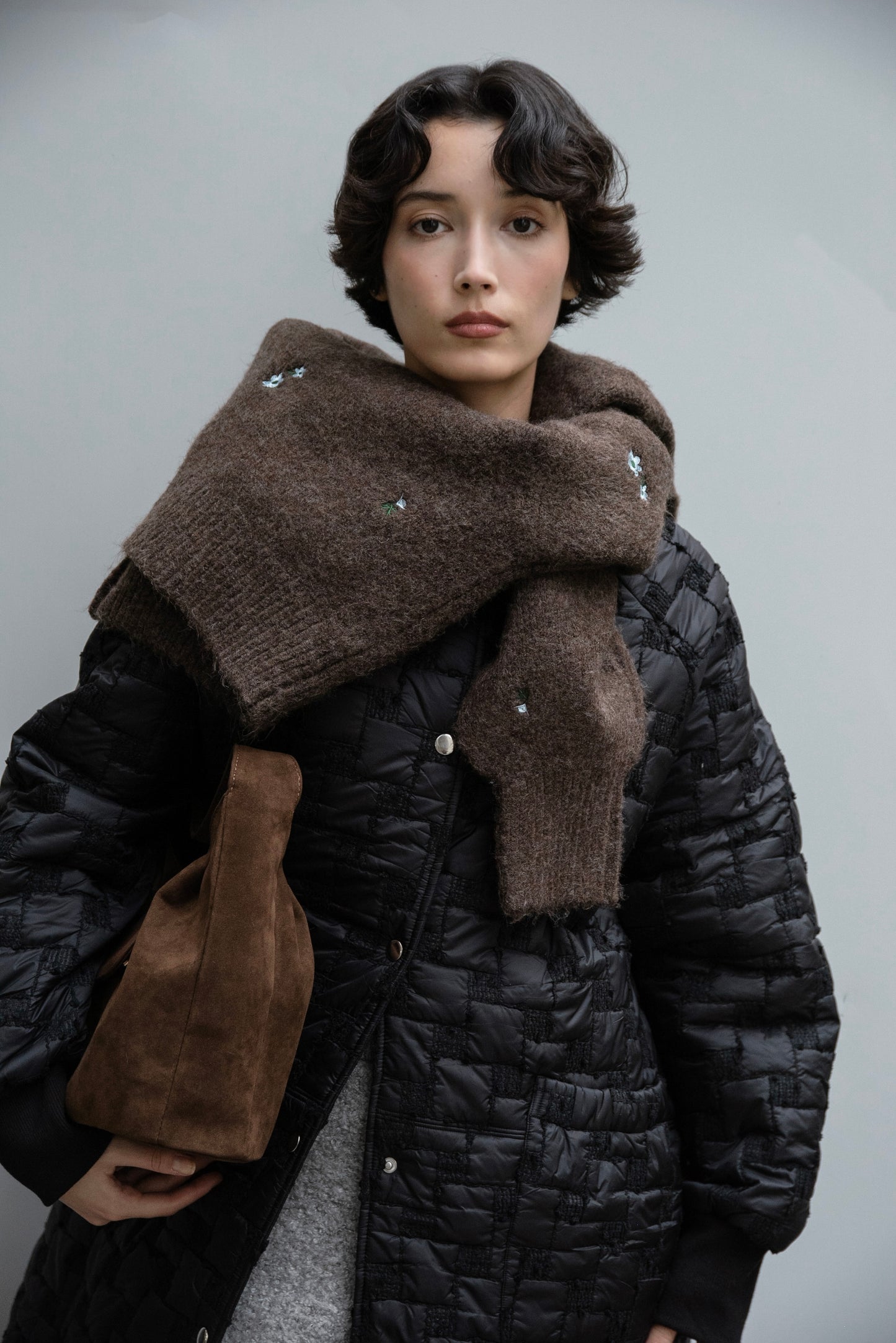 collarless square embroidery quilting coat