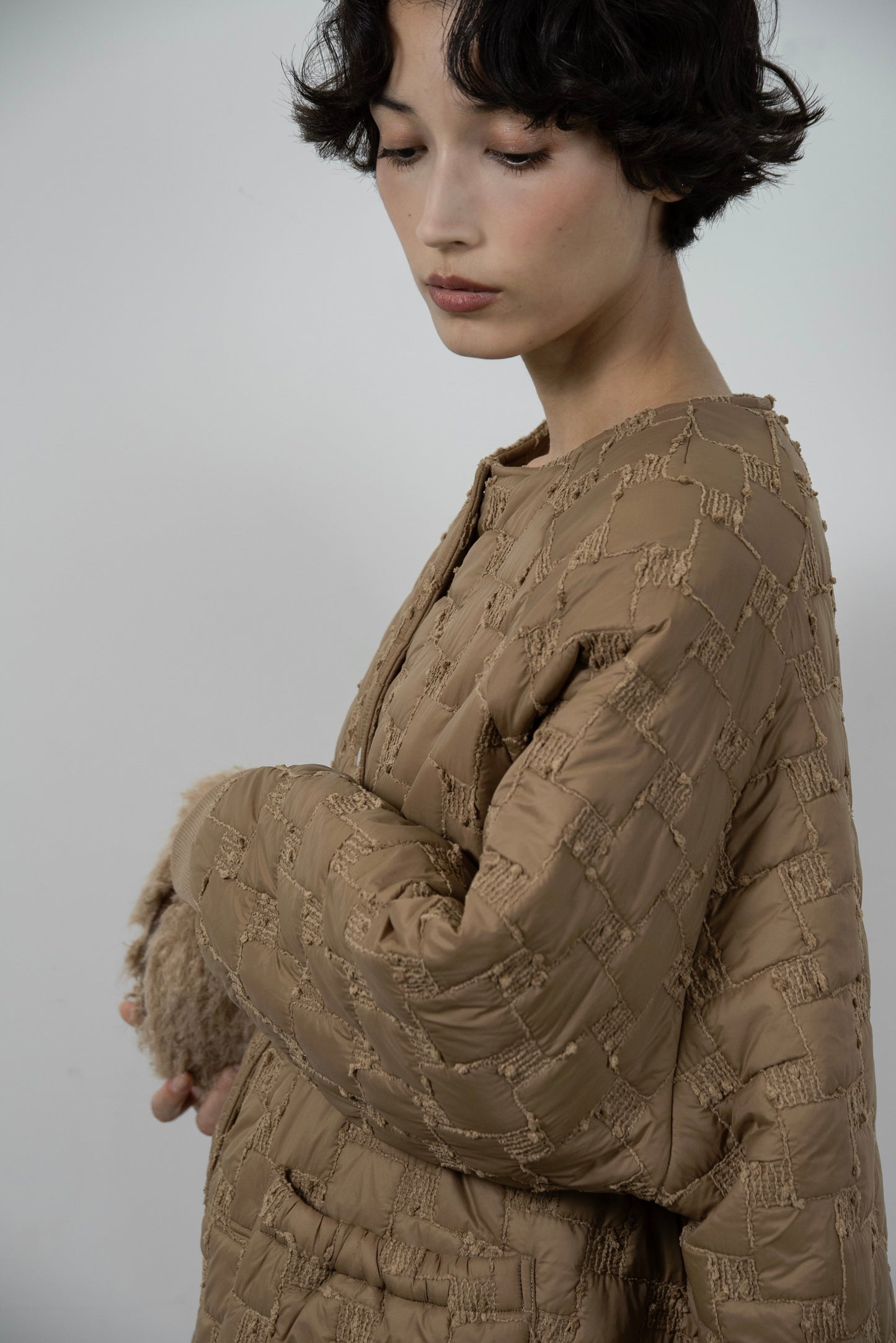 collarless square embroidery quilting coat