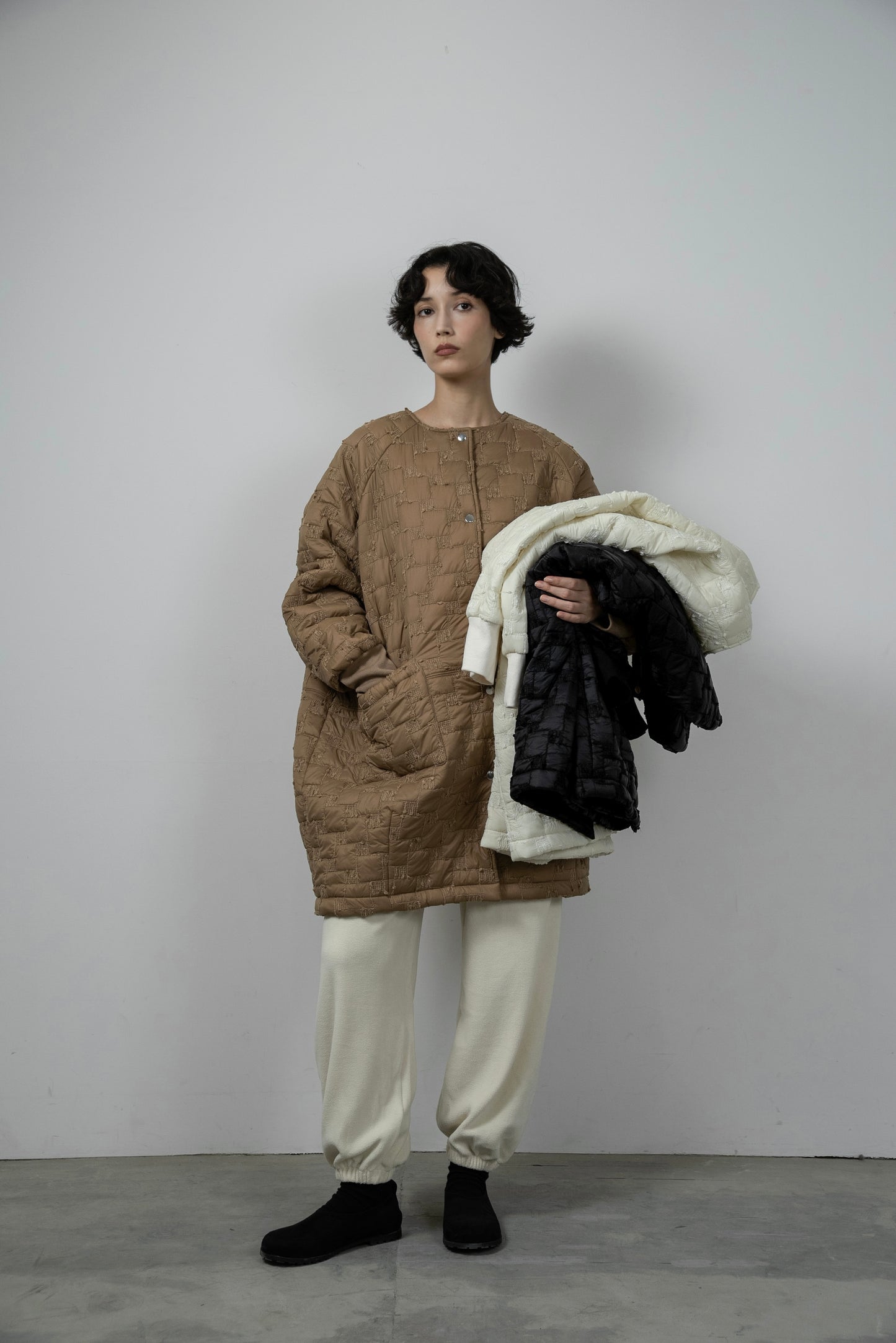 collarless square embroidery quilting coat