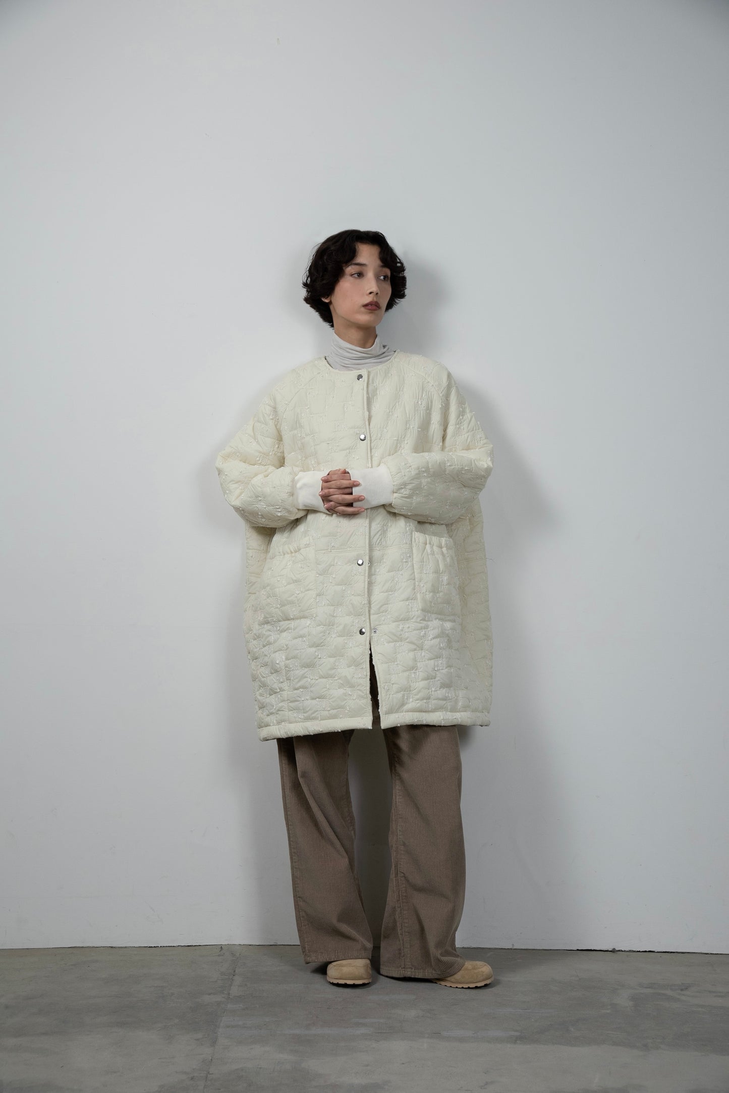 collarless square embroidery quilting coat