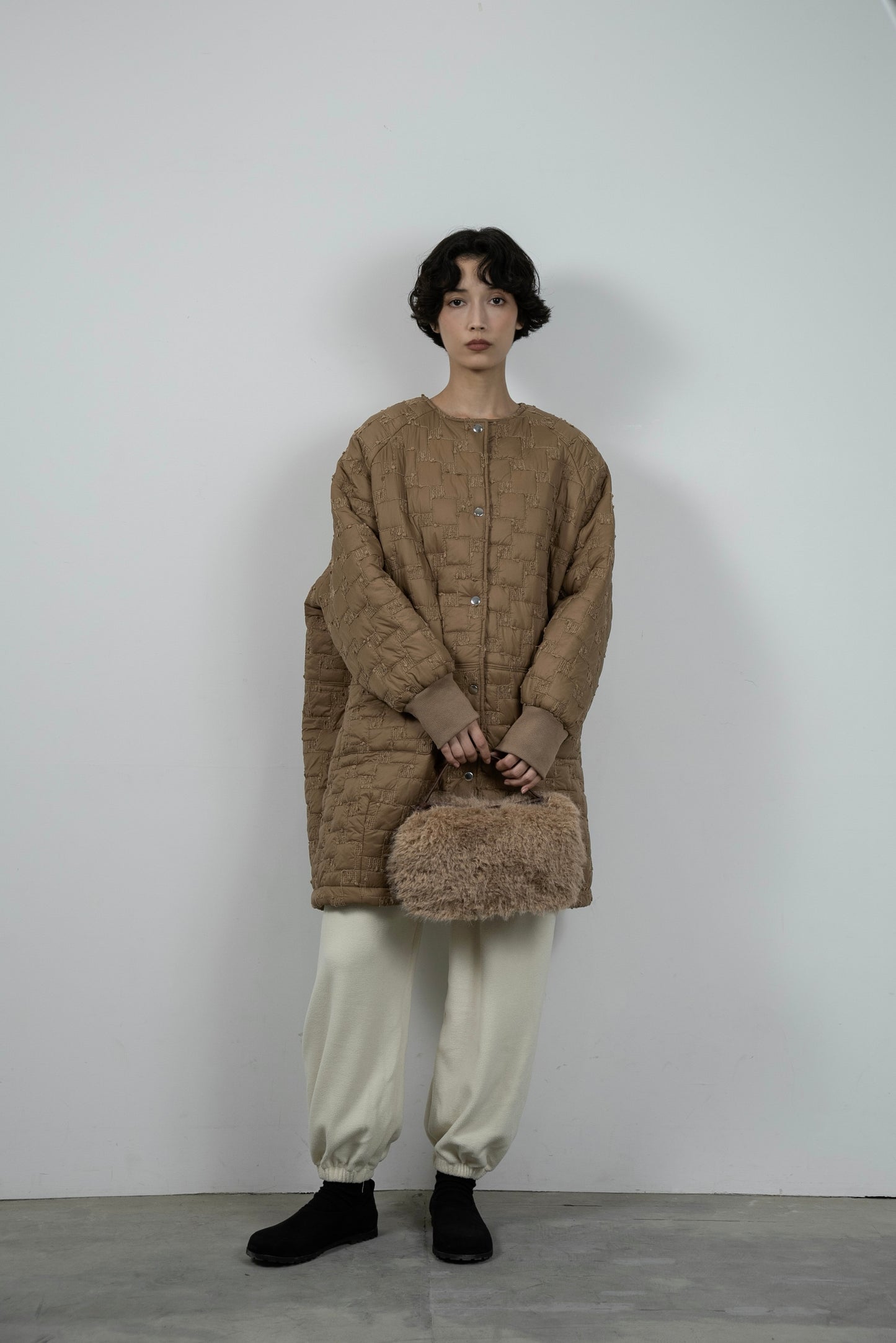 collarless square embroidery quilting coat
