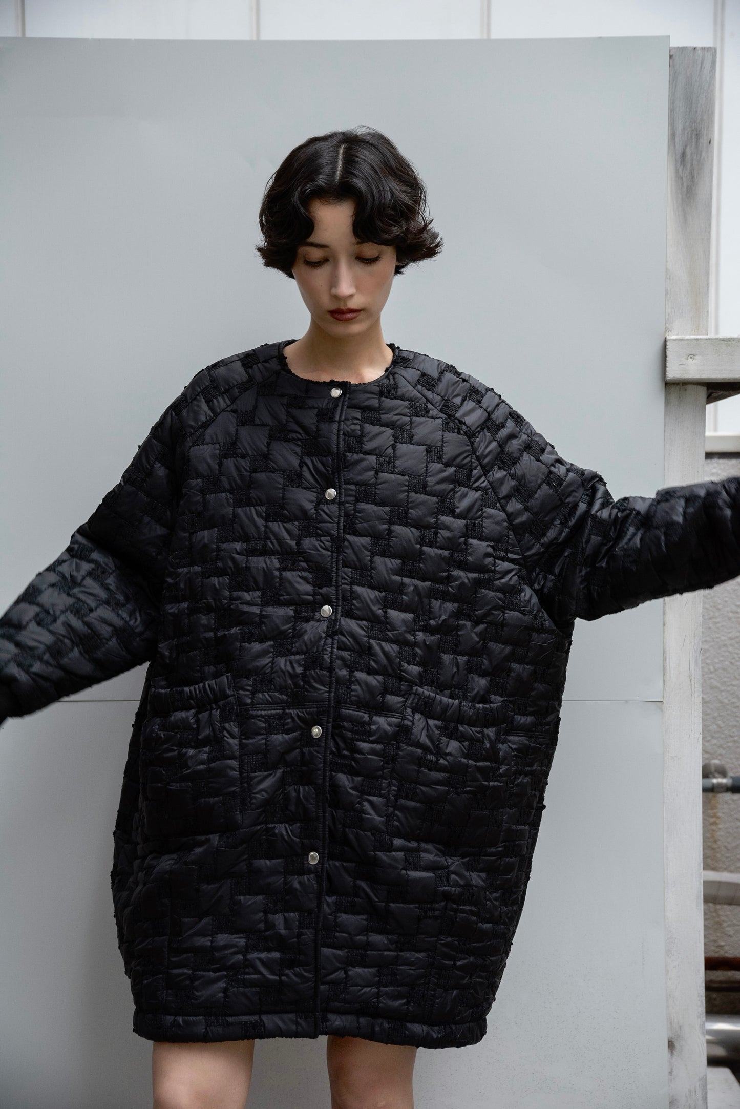 collarless square embroidery quilting coat