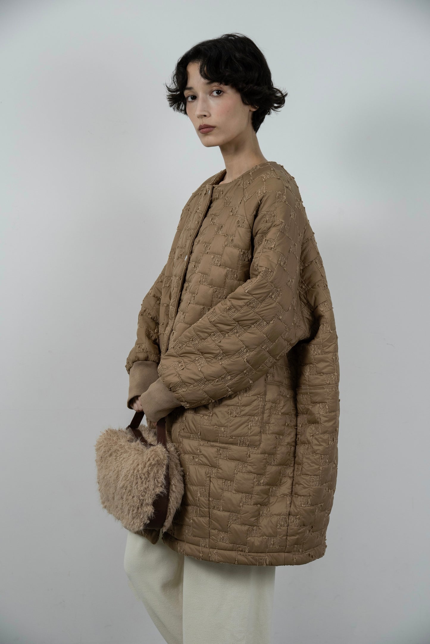 collarless square embroidery quilting coat