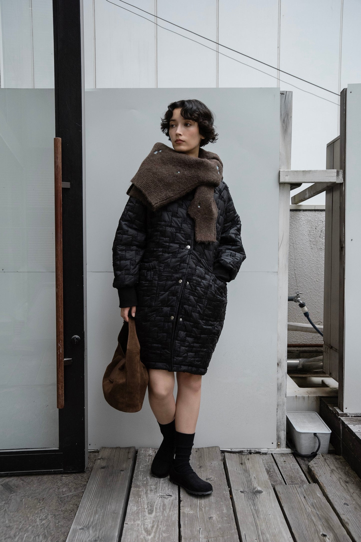 collarless square embroidery quilting coat