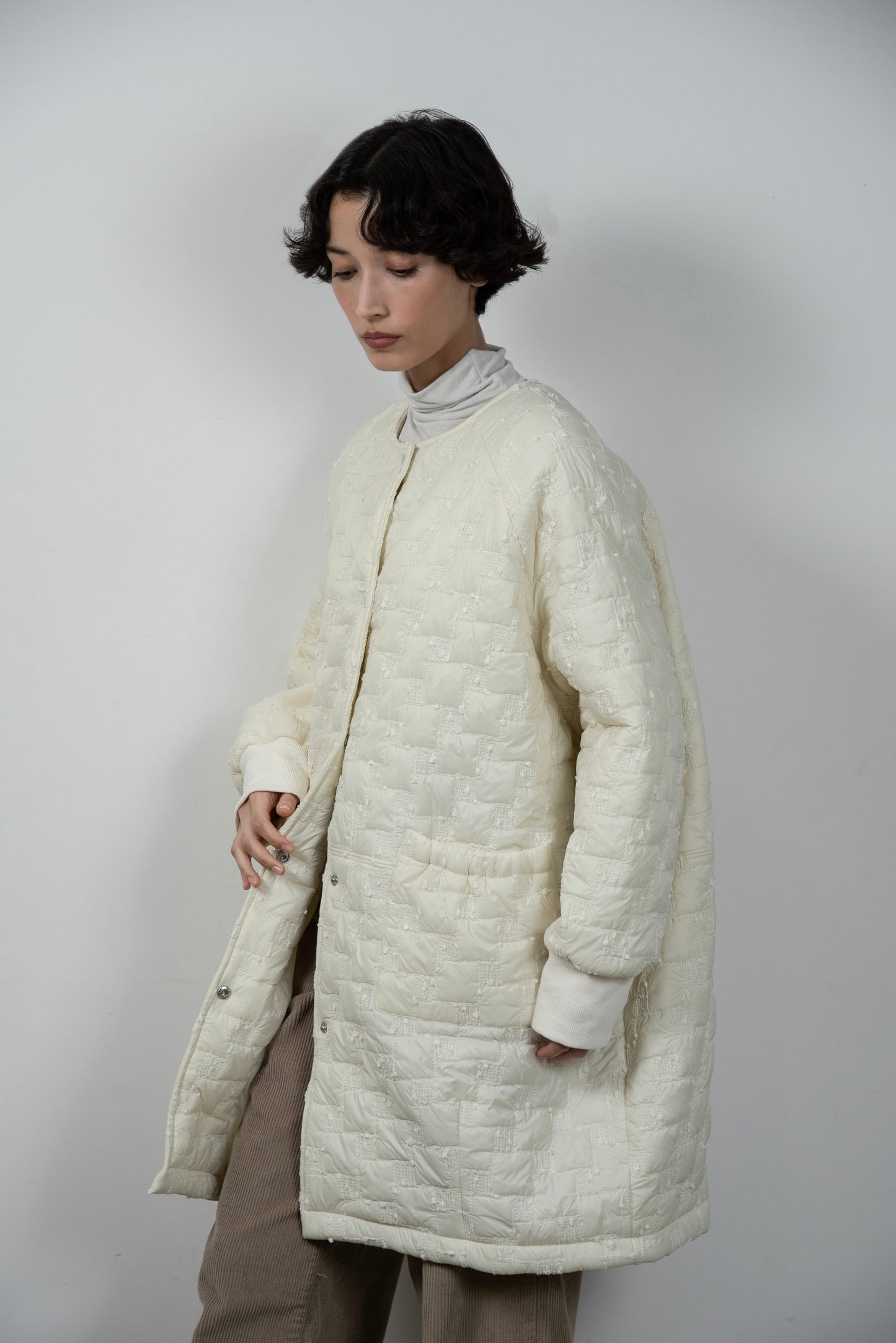 collarless square embroidery quilting coat