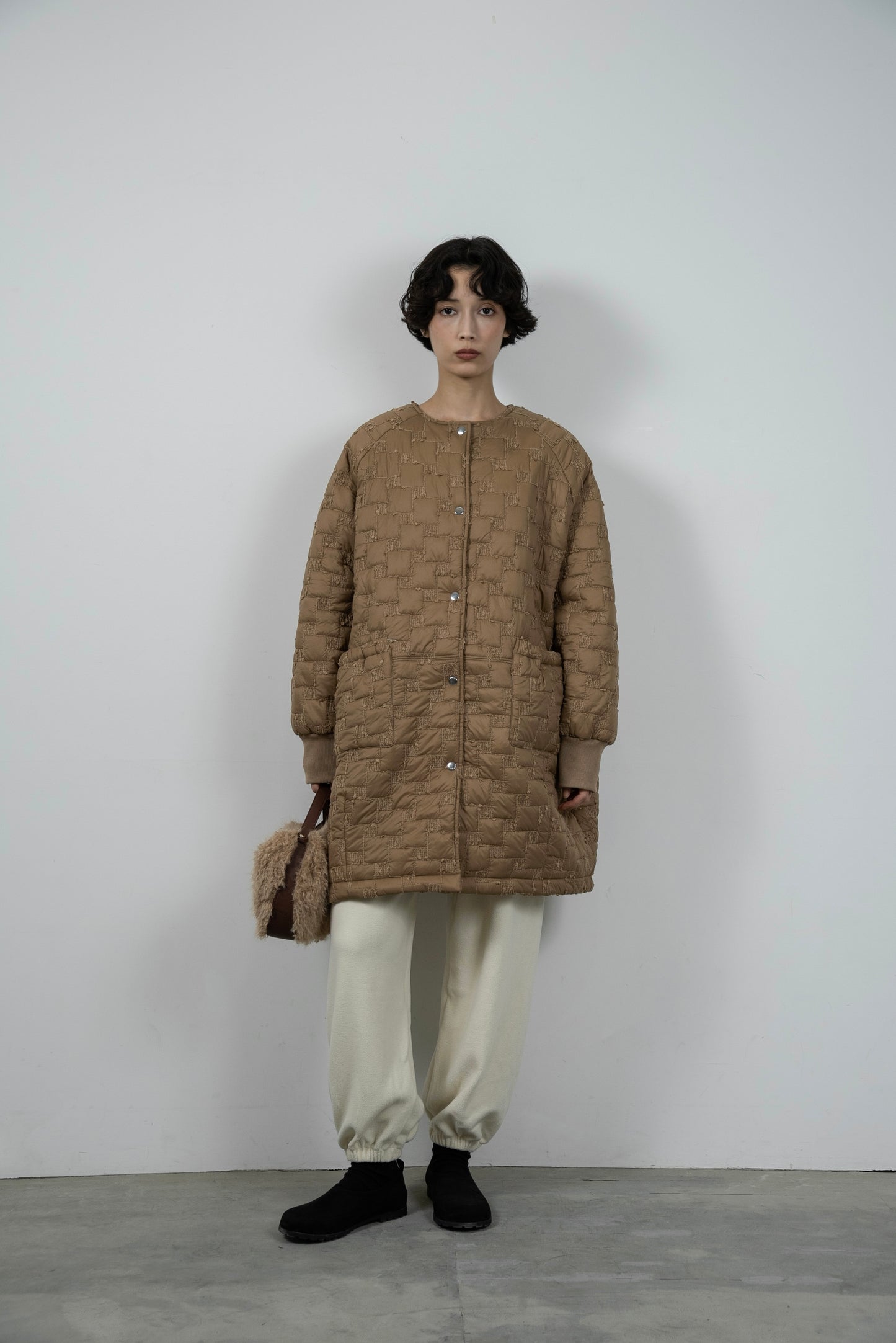 collarless square embroidery quilting coat