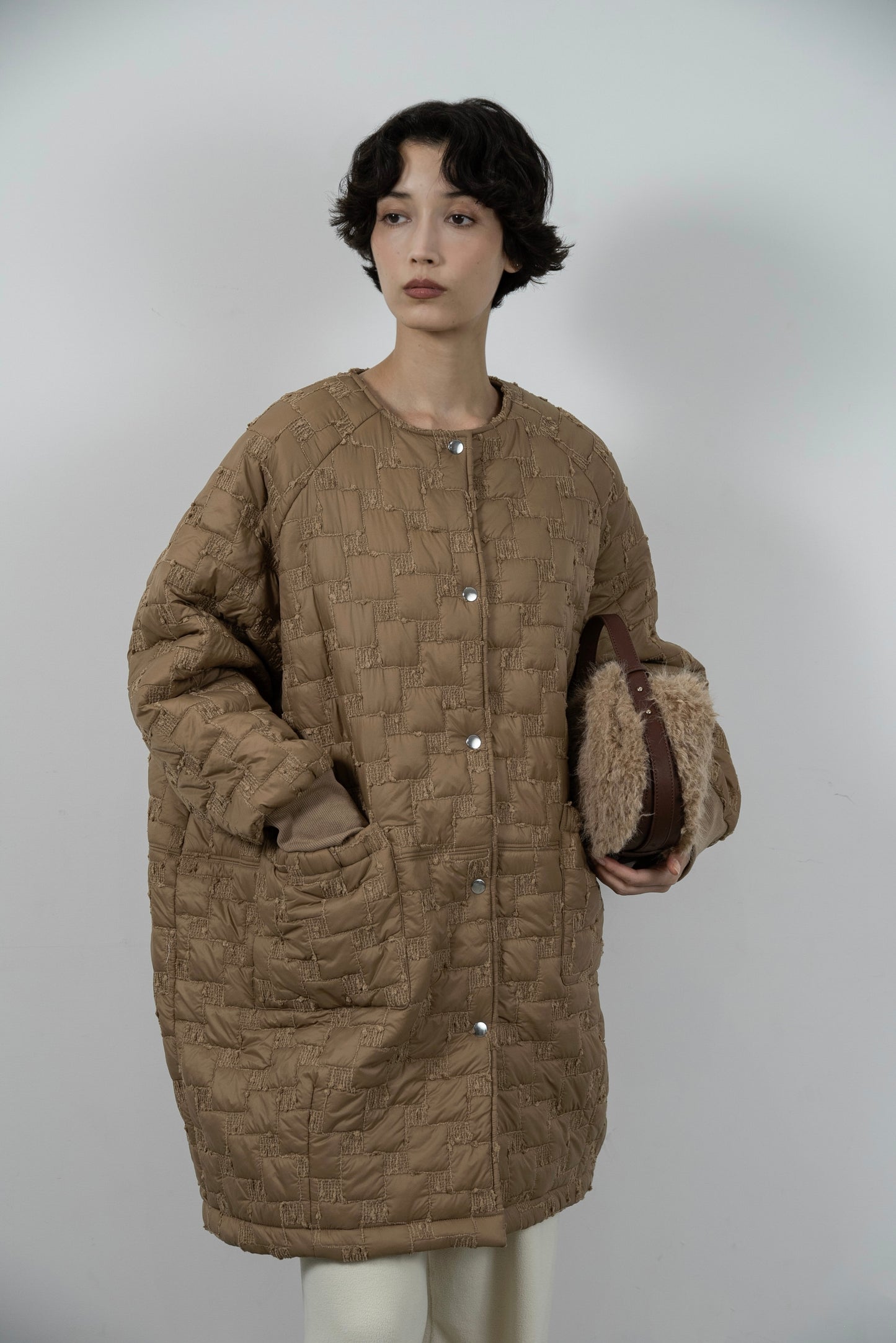 collarless square embroidery quilting coat