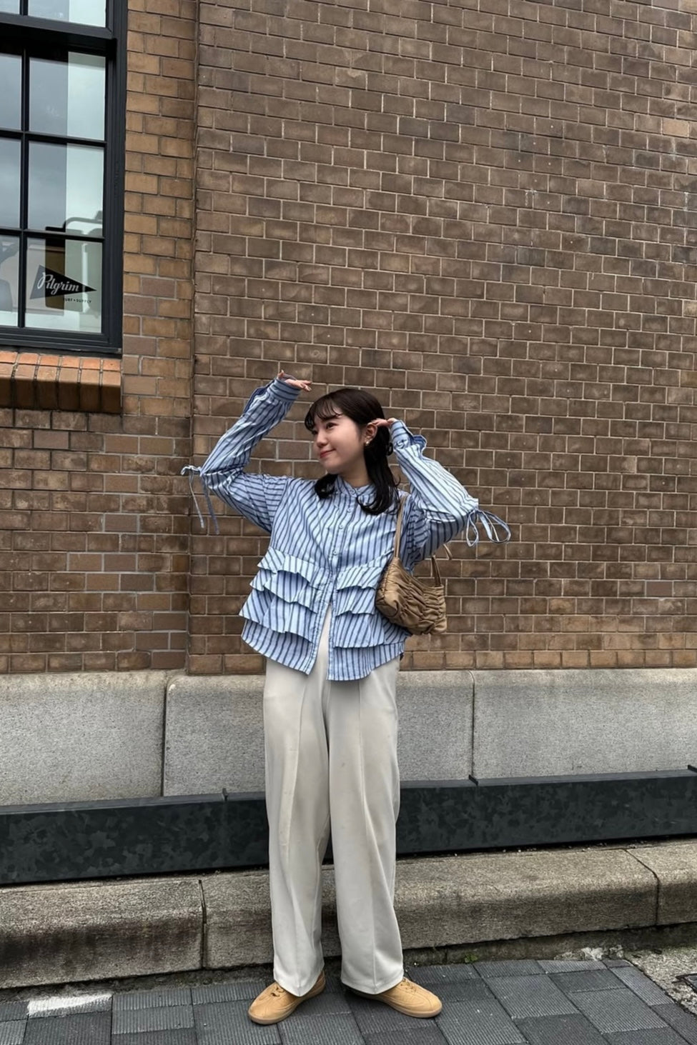 waist frill ribbon stripe shirt