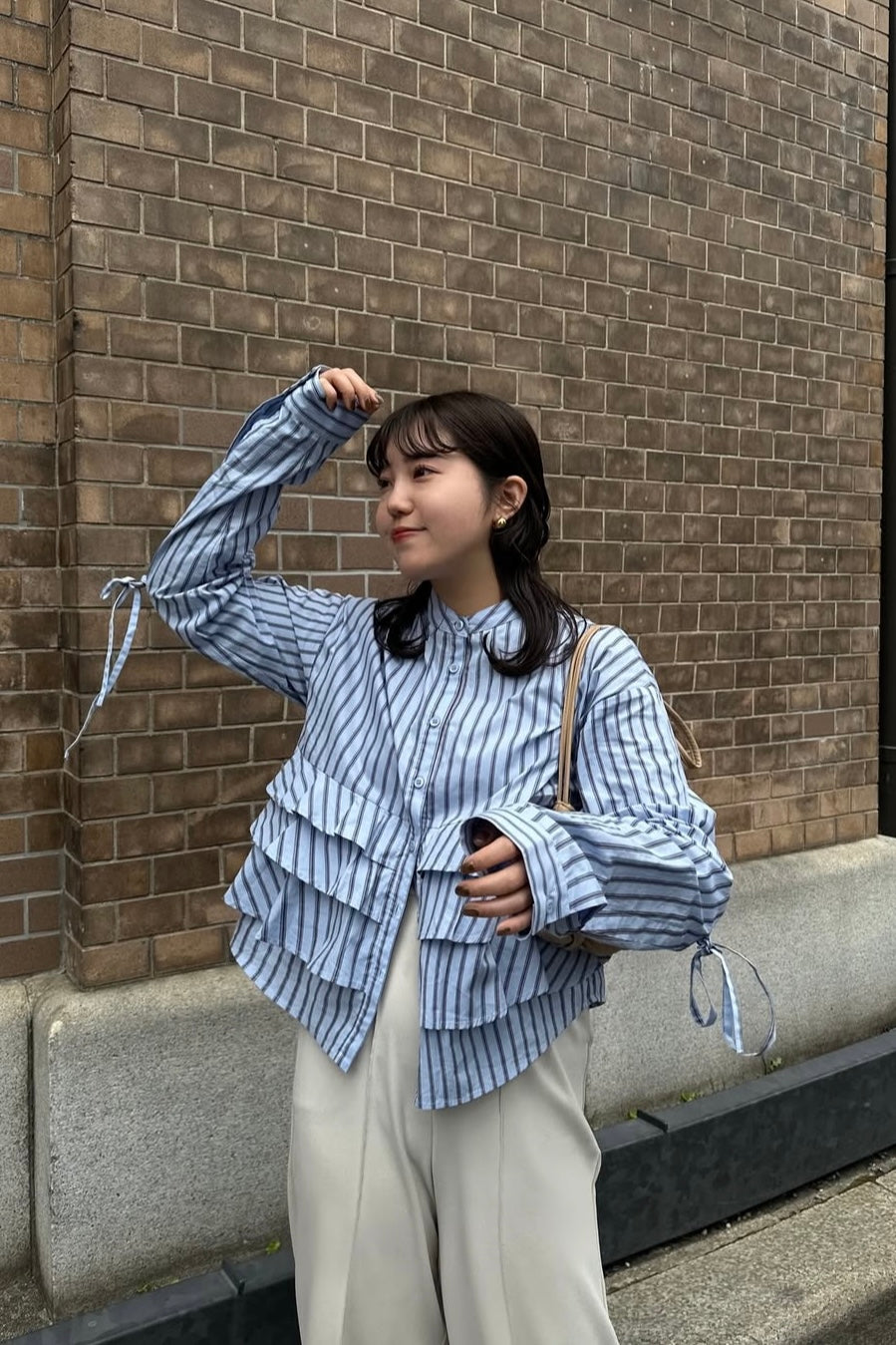 waist frill ribbon stripe shirt