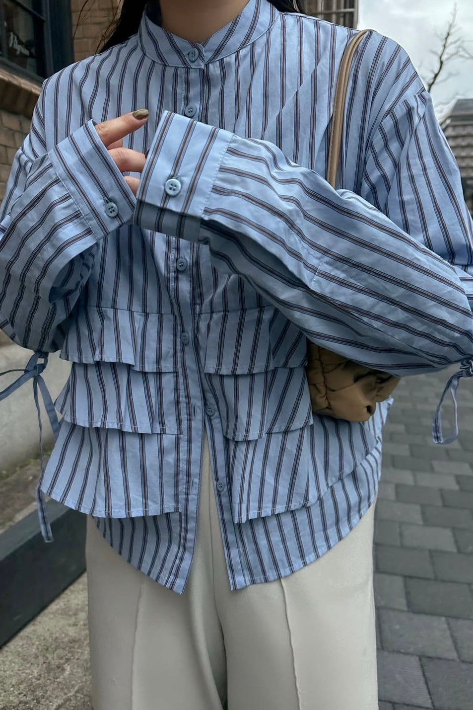 waist frill ribbon stripe shirt