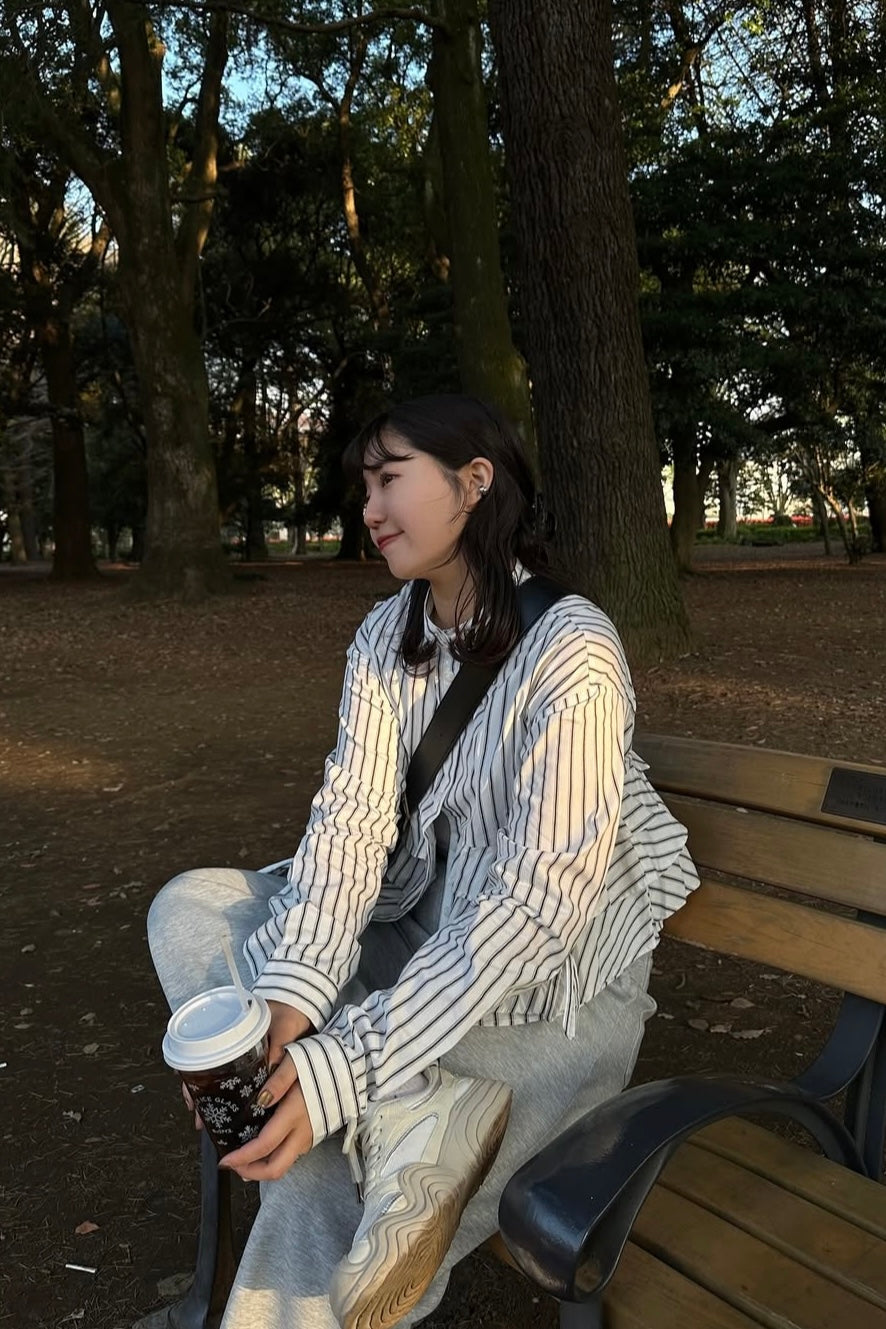 waist frill ribbon stripe shirt
