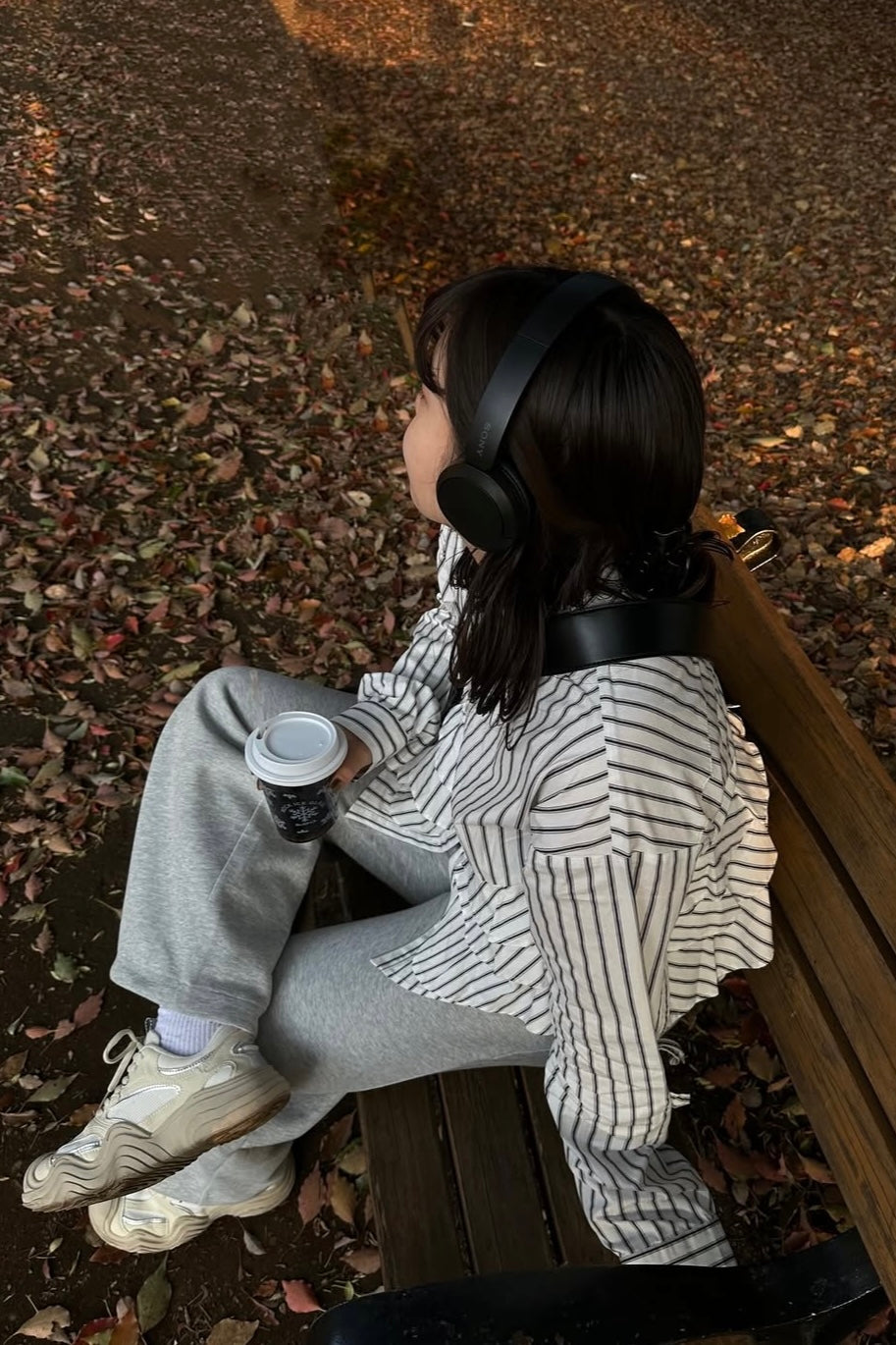 waist frill ribbon stripe shirt