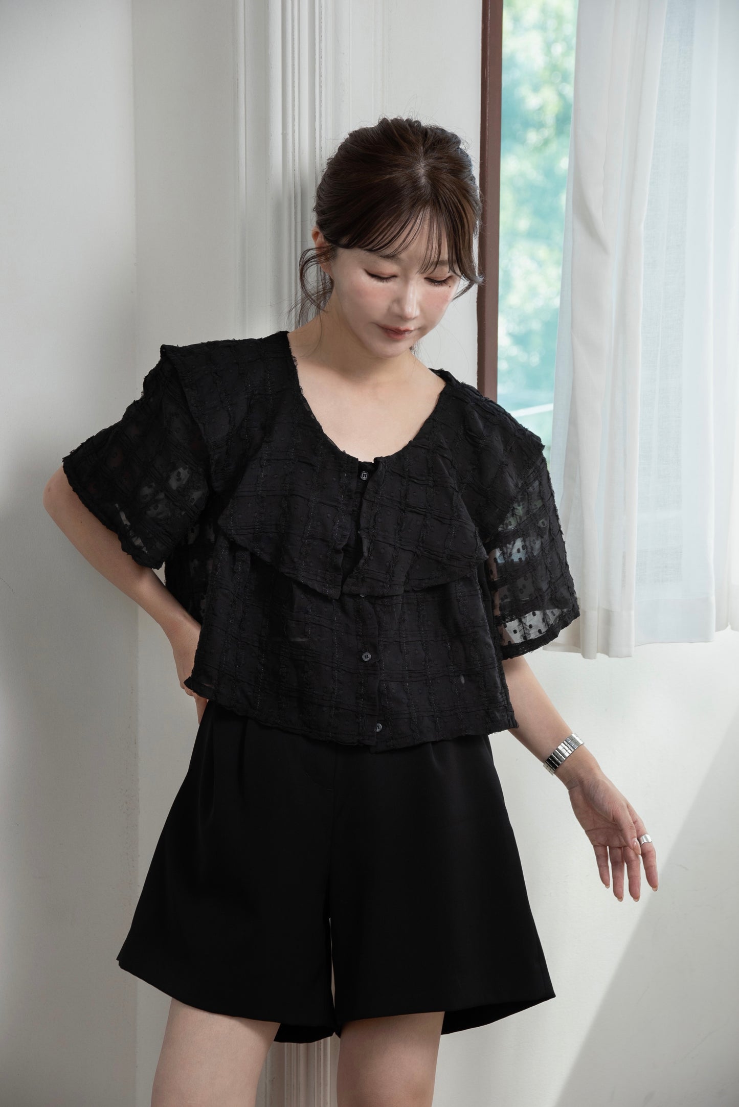 dot sheer tulle line short blouse