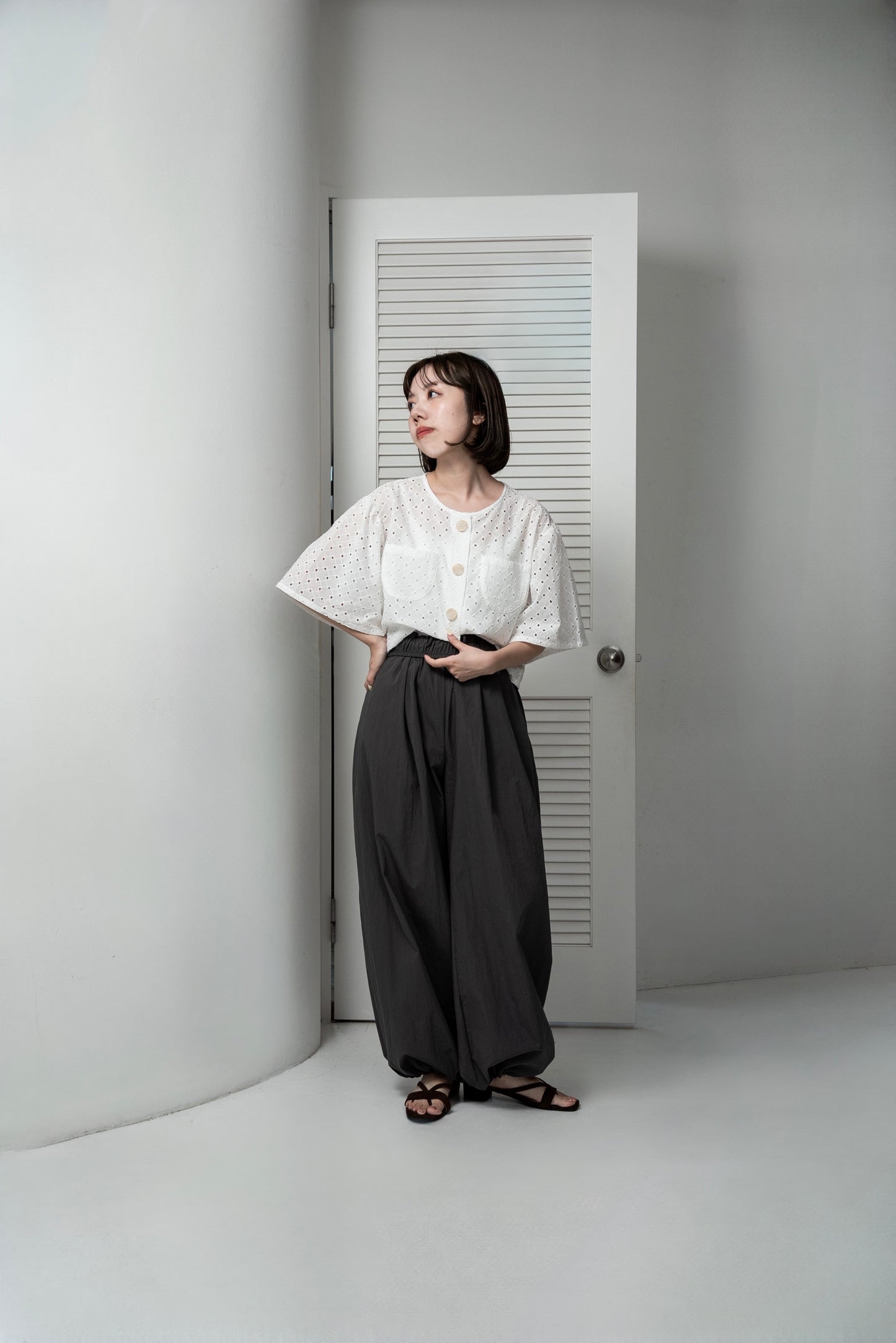 embroidery puff sleeve jacket like tops