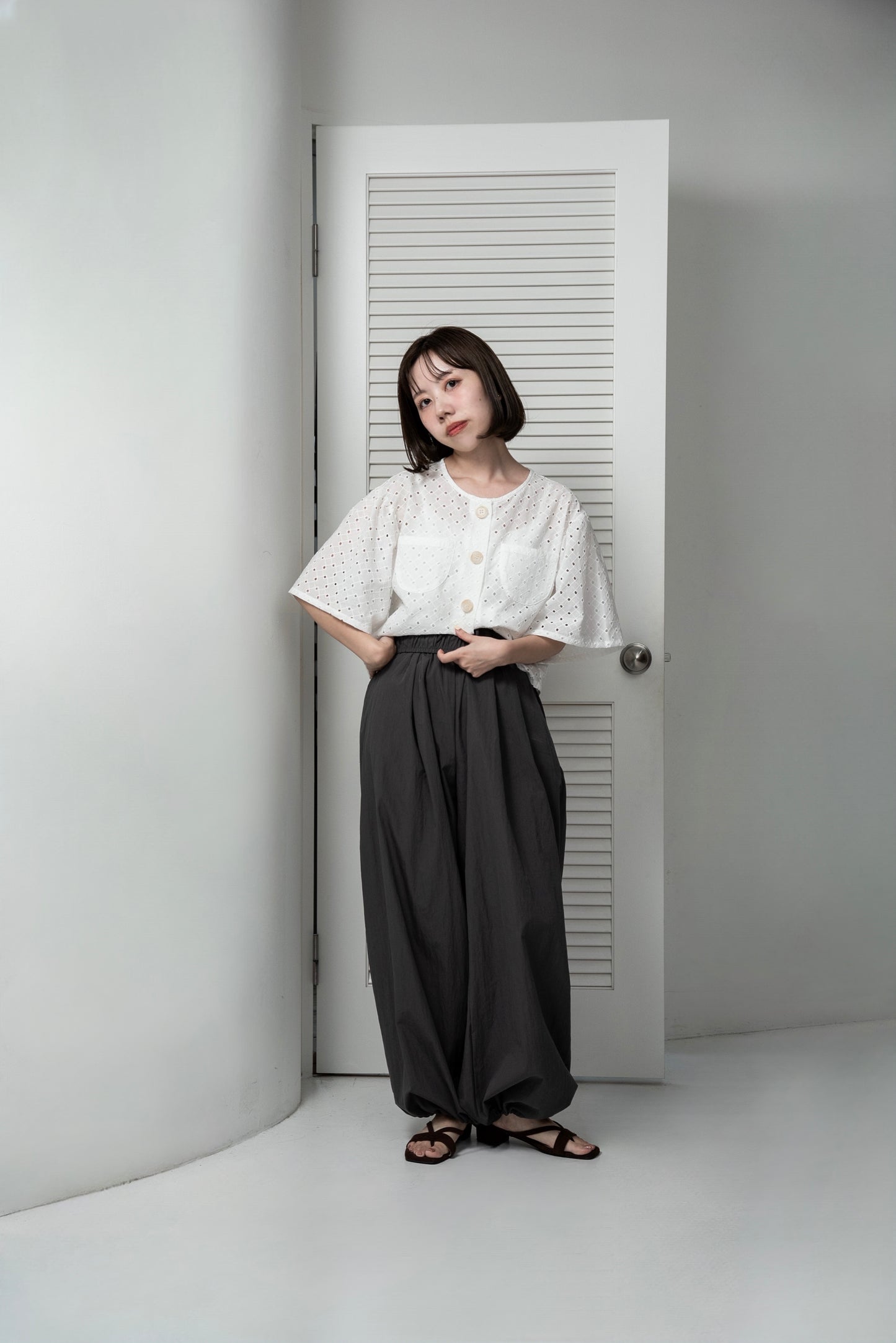 embroidery puff sleeve jacket like tops