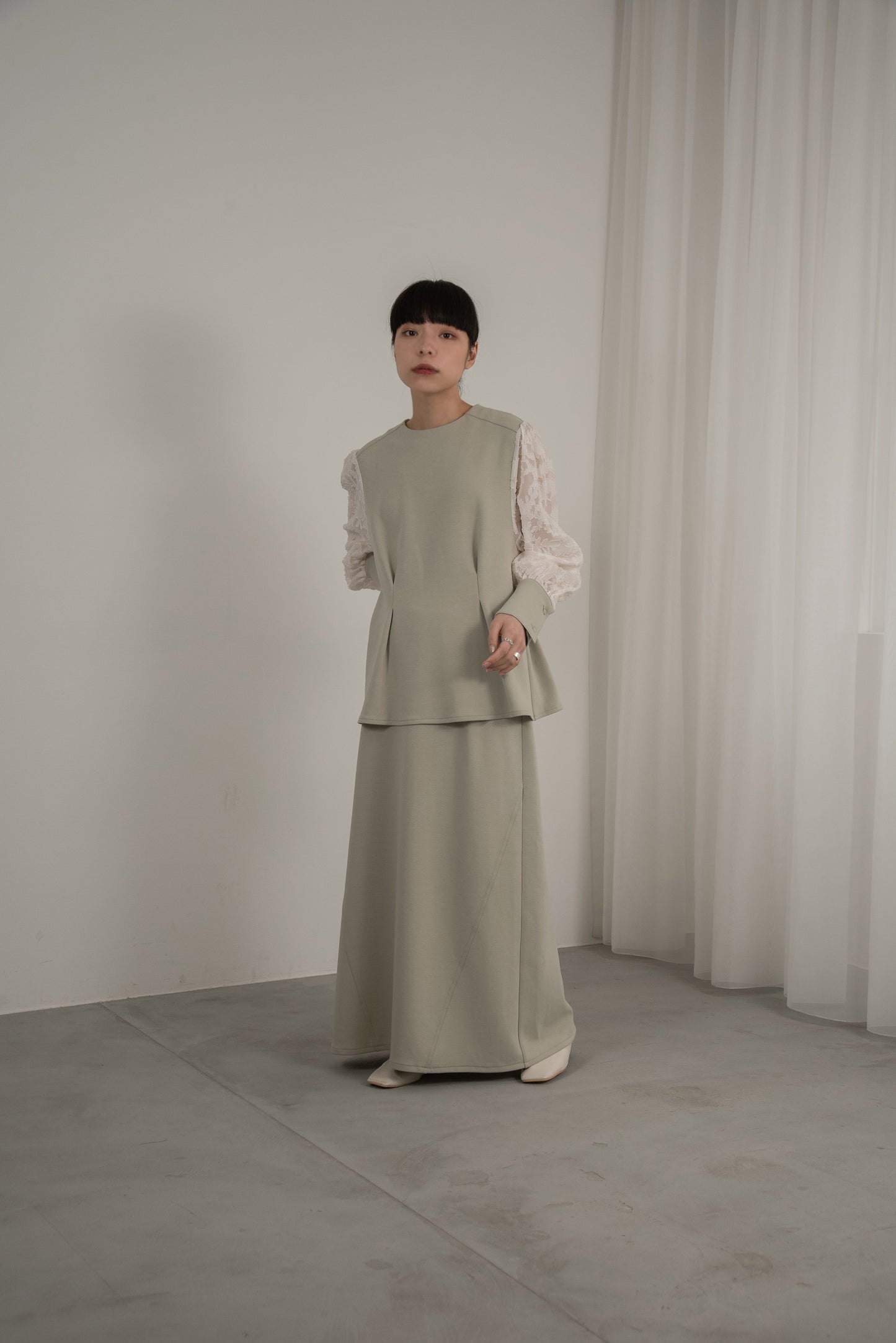 jacquard lace volume sleeve tuck blouse