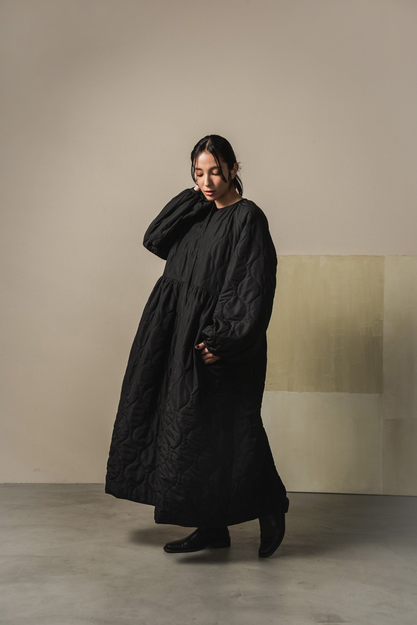 boa quilting volume flare long coat