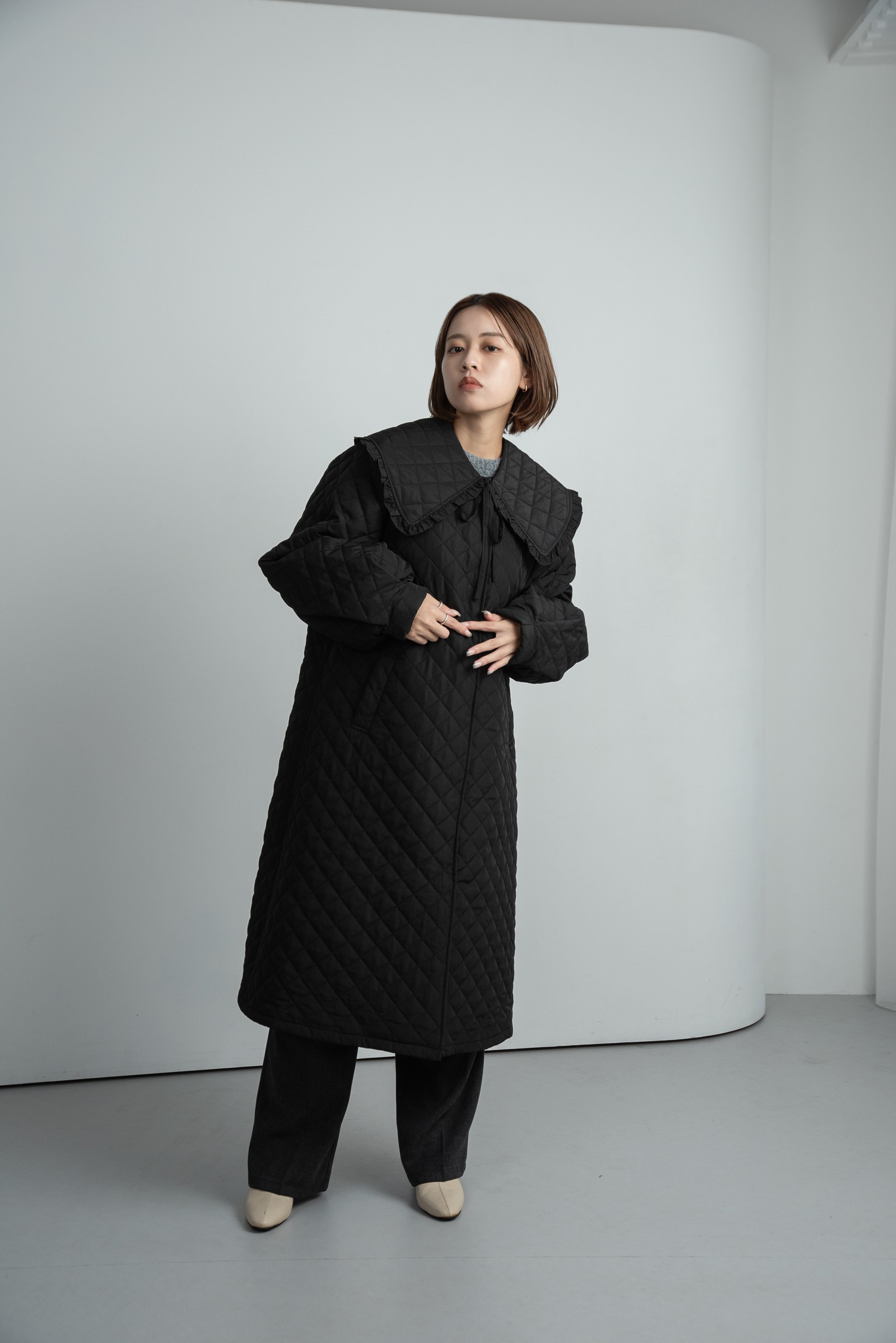 quilting big collar long coat – eim online（エイム オンライン）