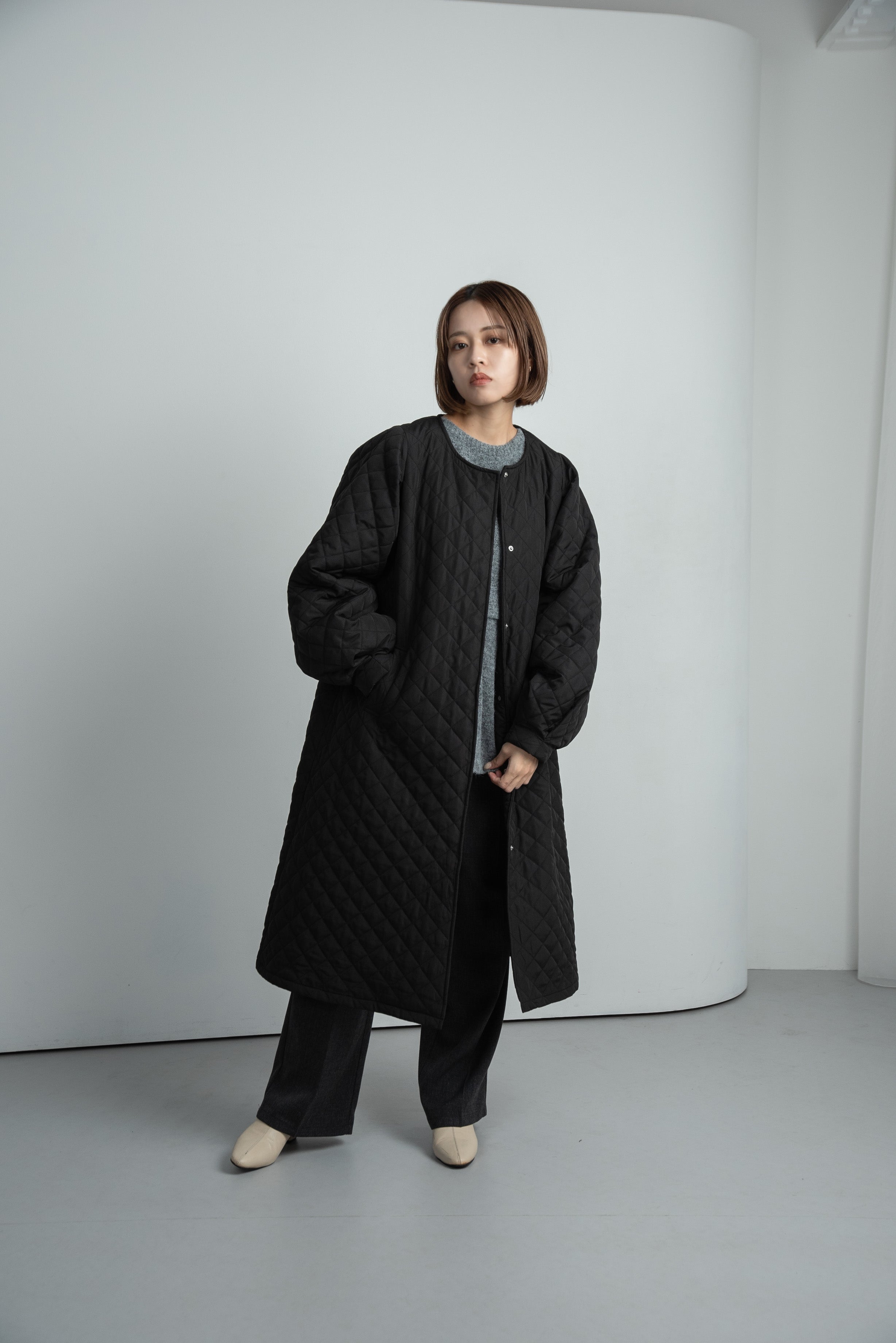 quilting big collar long coat – eim online（エイム オンライン）