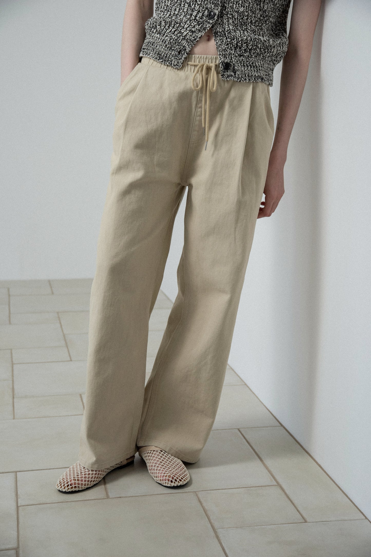 cotton twill drawstring straight pants