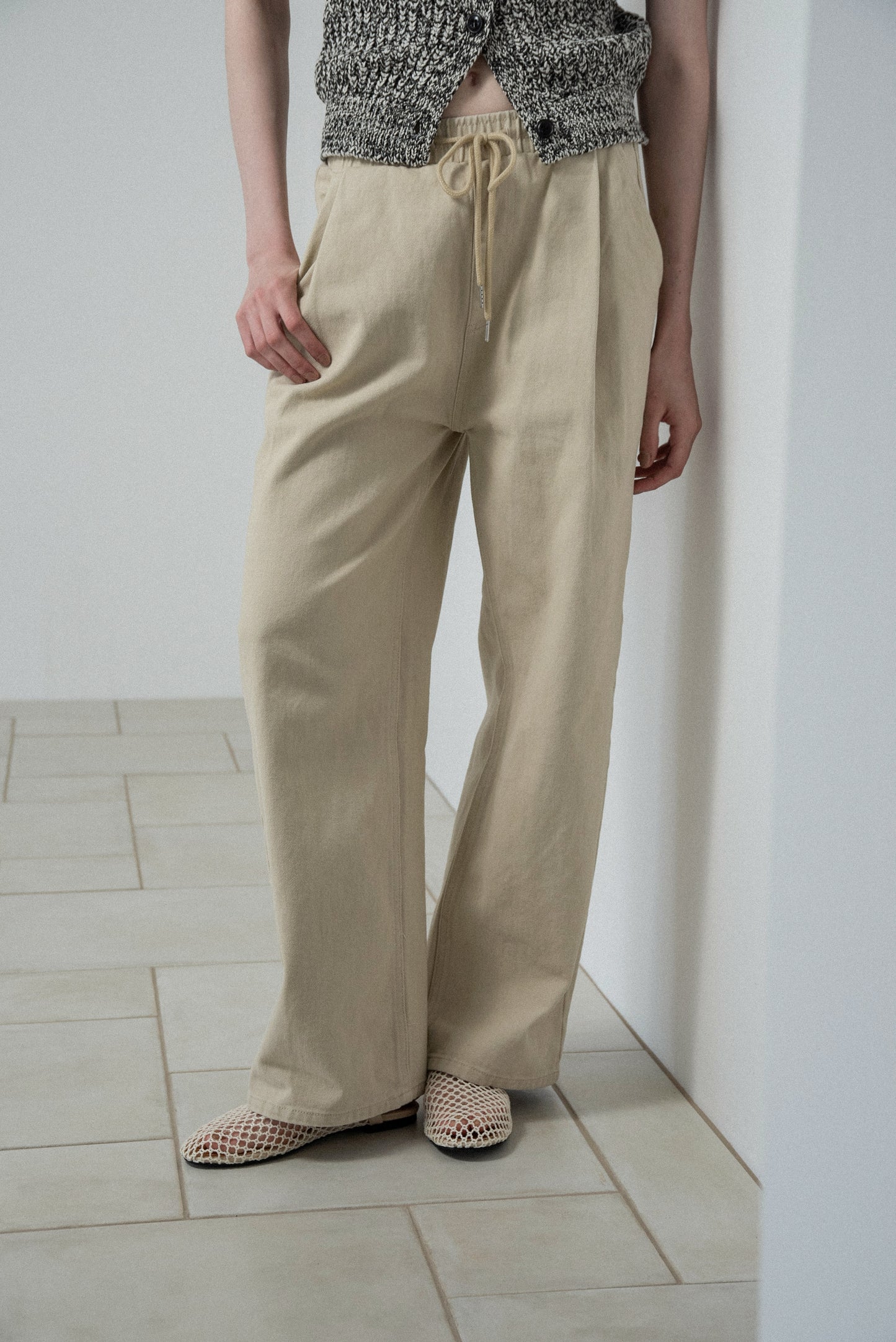 cotton twill drawstring straight pants