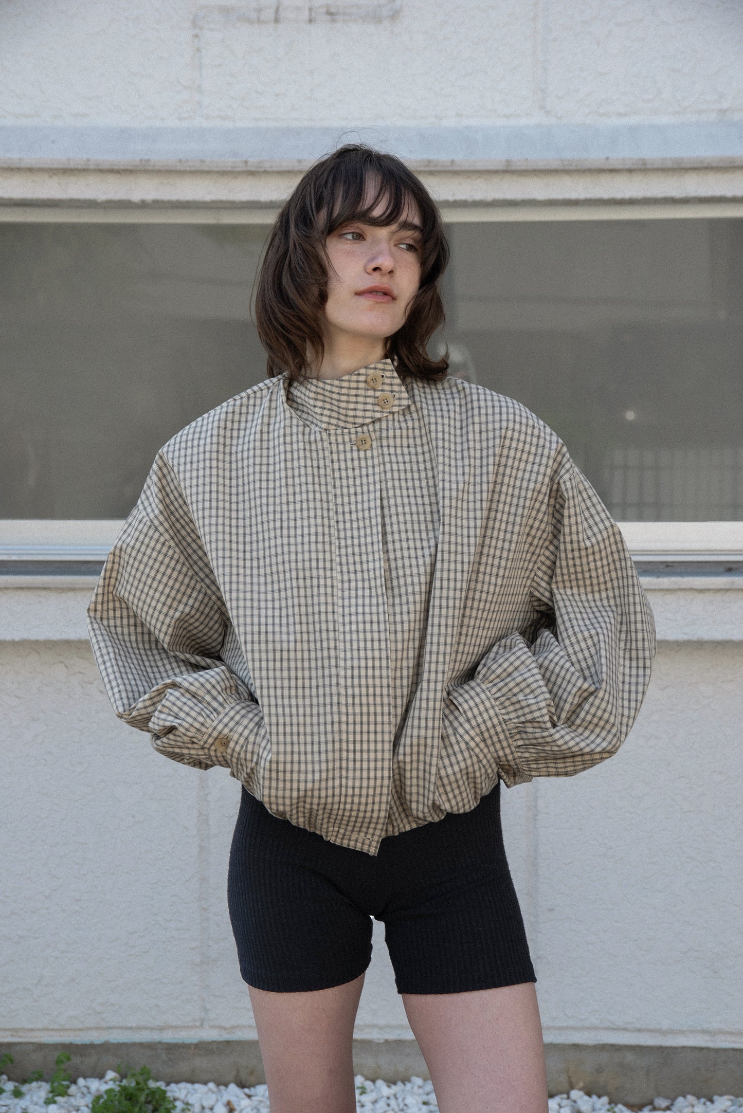 check stand collar blouson