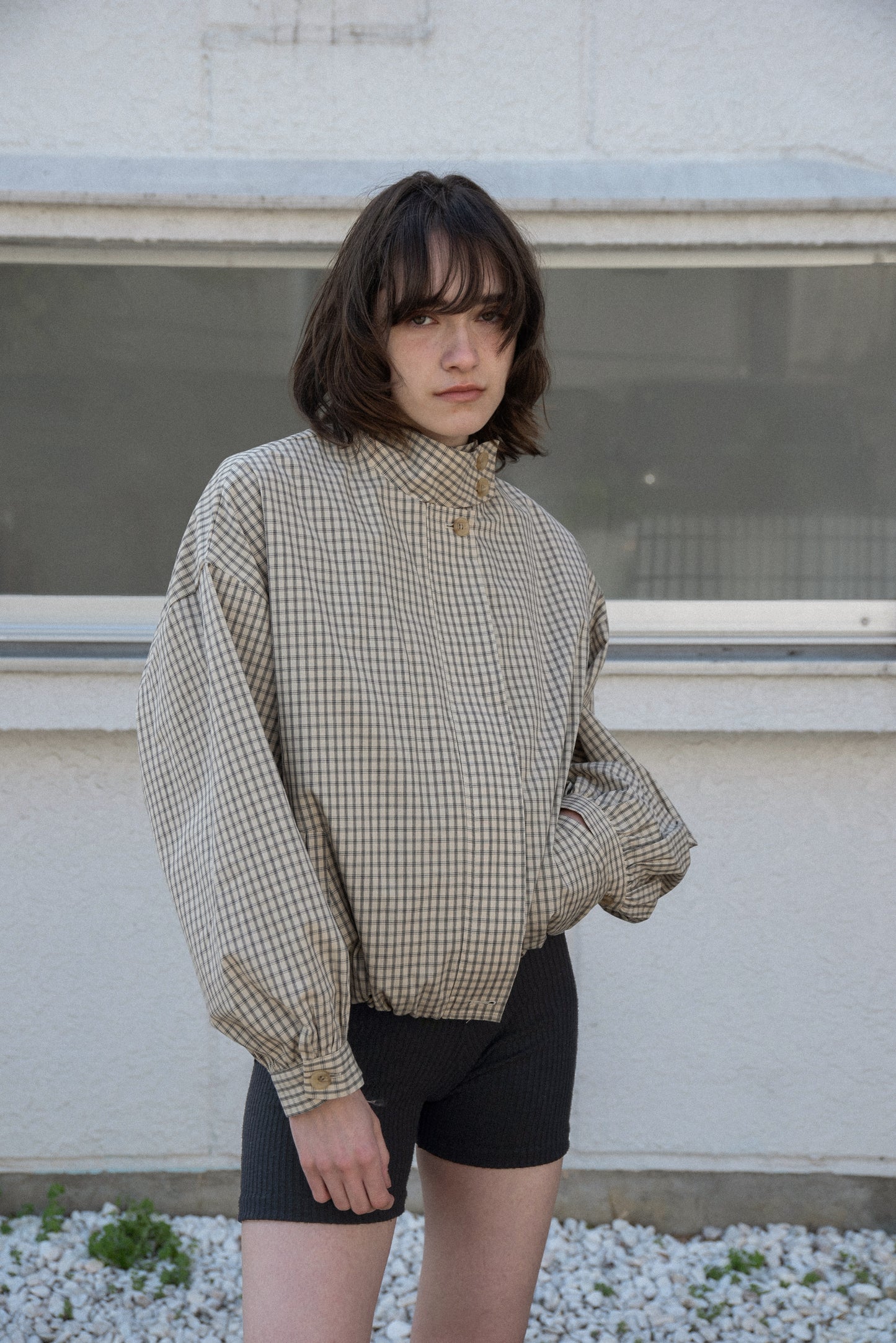 check stand collar blouson